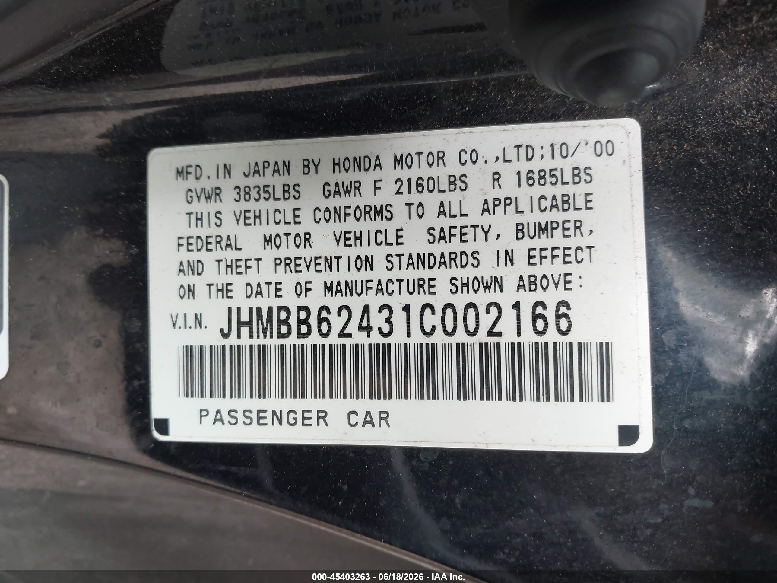 2001 Honda Prelude   Black vin: JHMBB62431C002166