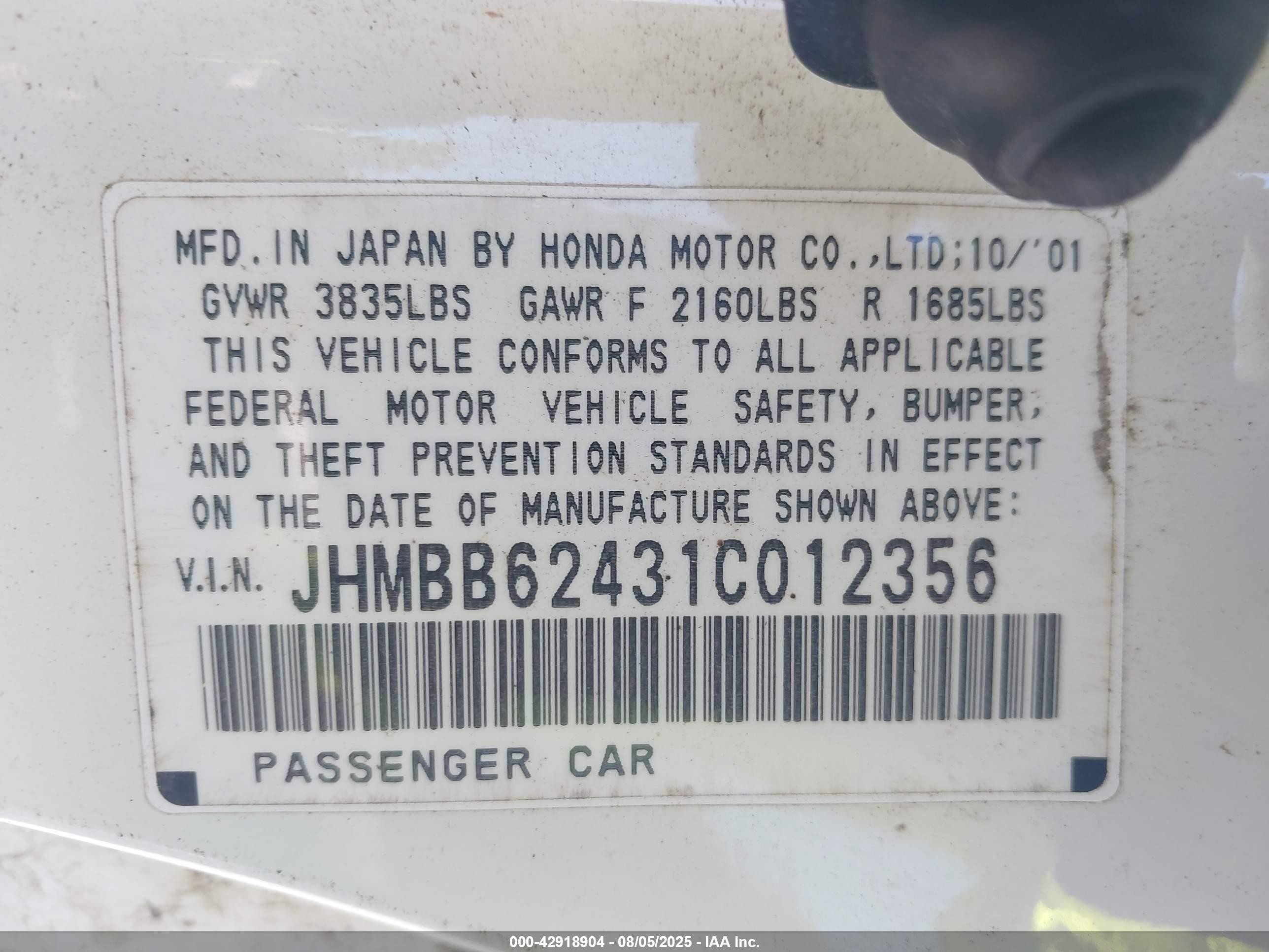 2001 Honda Prelude   White vin: JHMBB62431C012356
