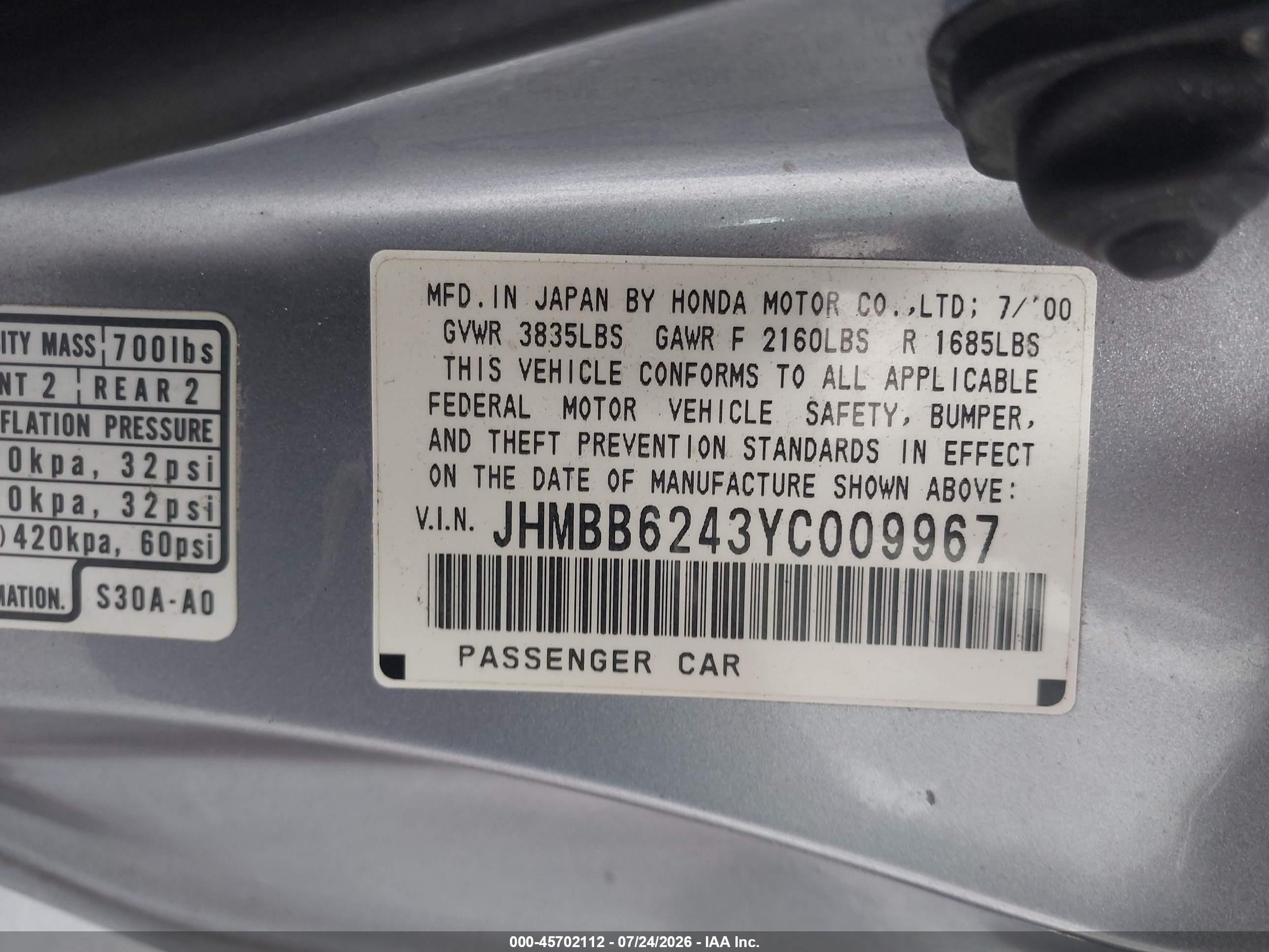 2000 Honda Prelude   Silver vin: JHMBB6243YC009967