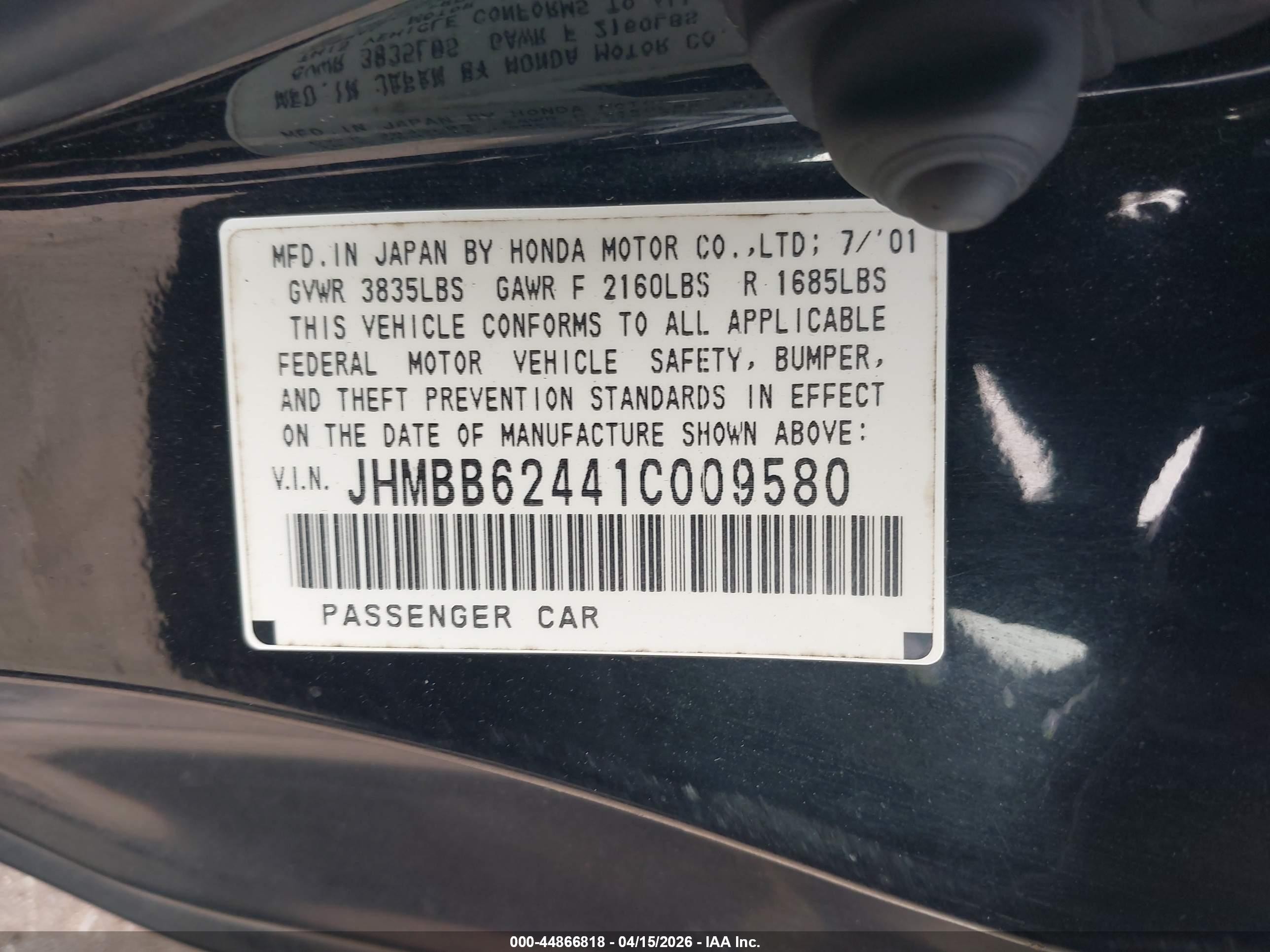 2001 Honda Prelude   Black vin: JHMBB62441C009580