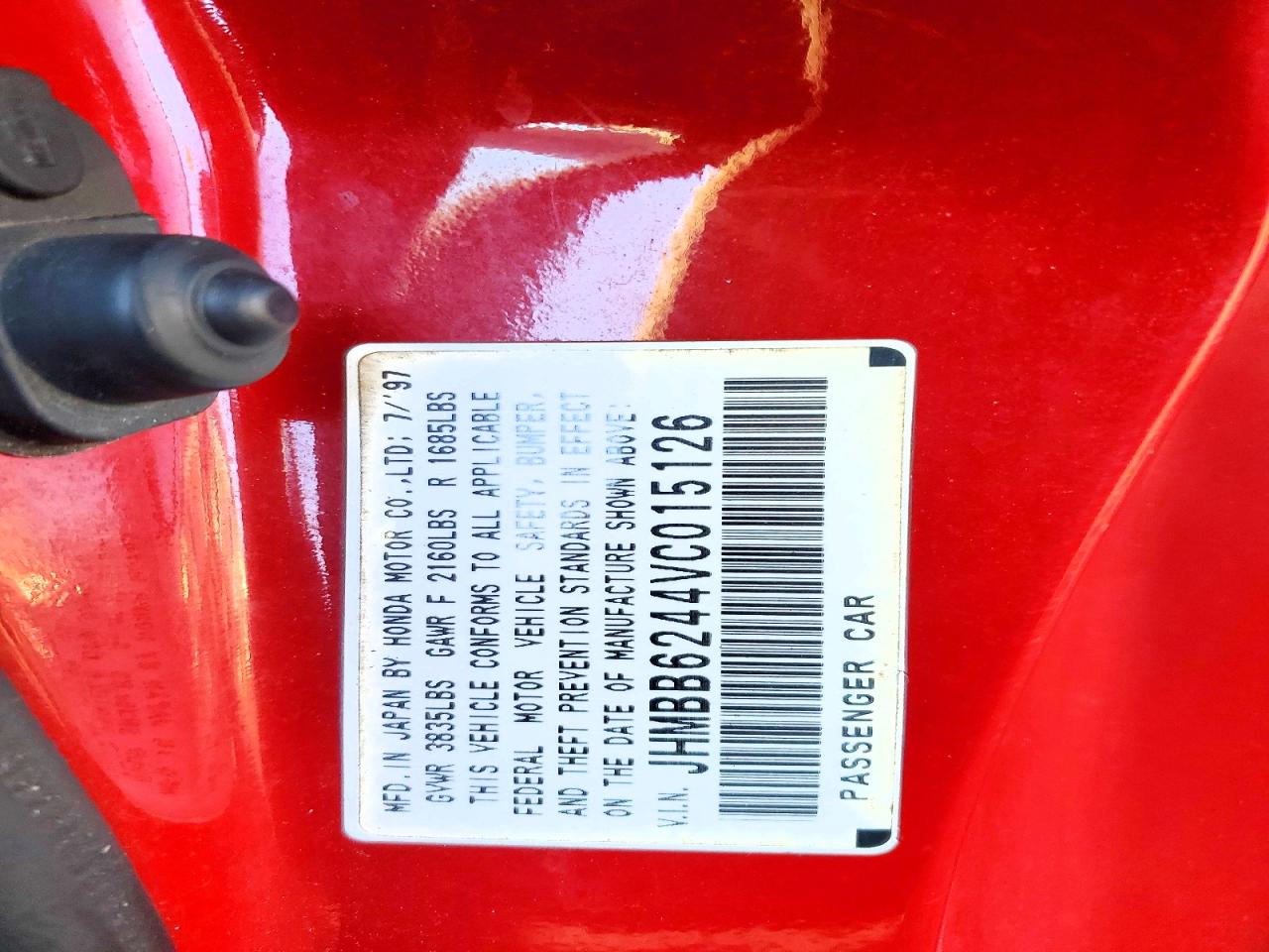 1997 Honda Prelude Red vin: JHMBB6244VC015126