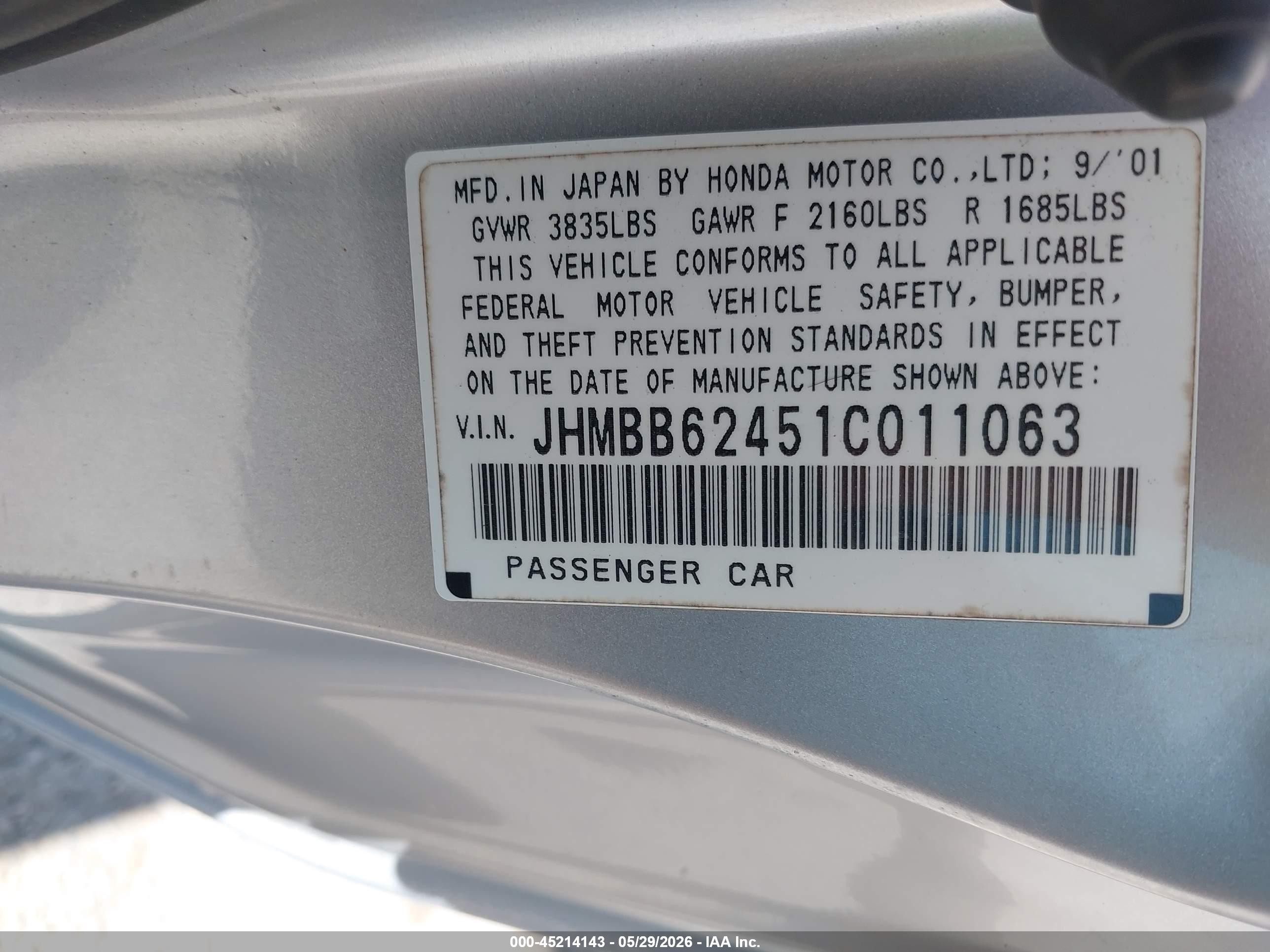 2001 Honda Prelude   Silver vin: JHMBB62451C011063
