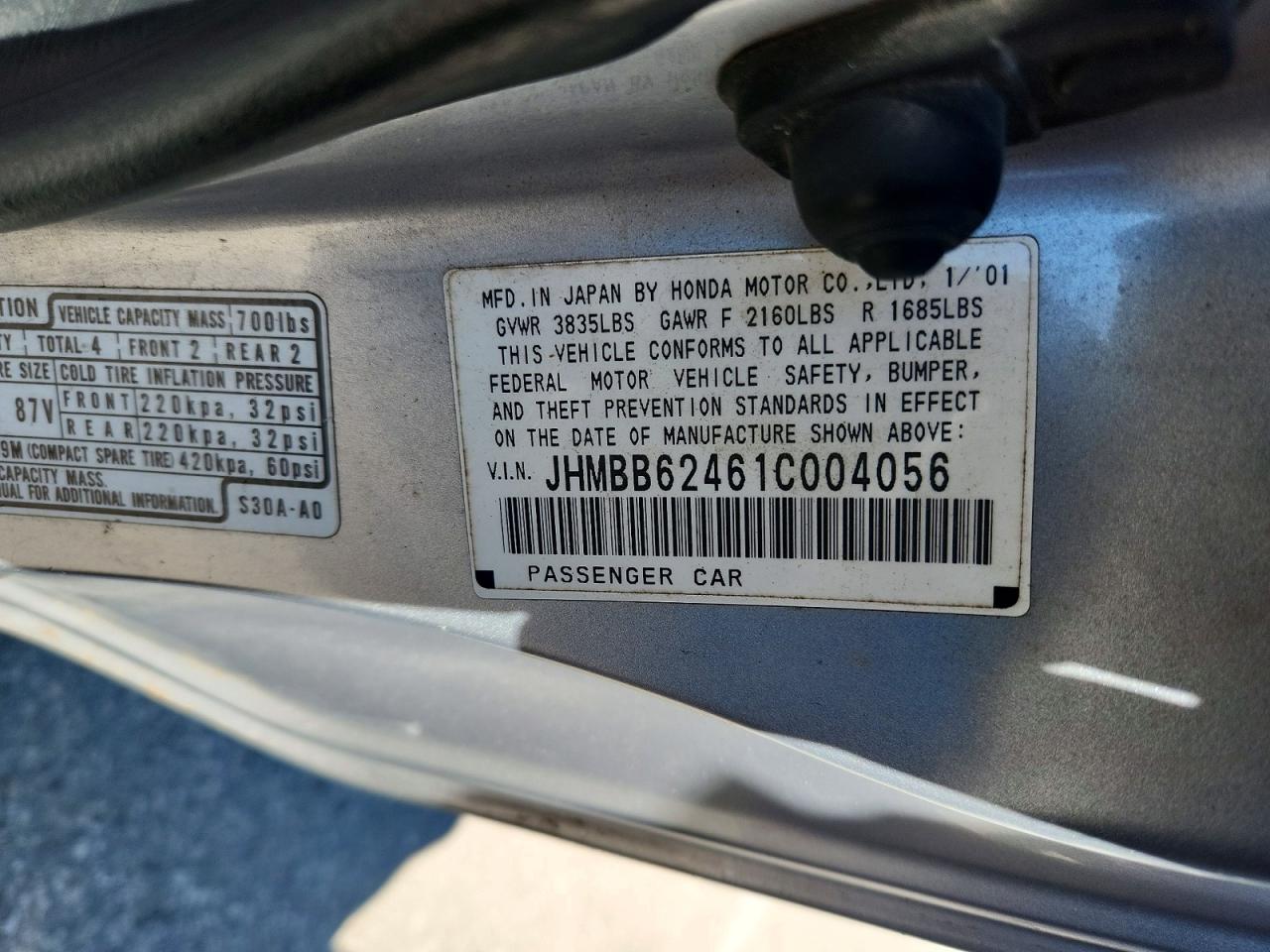 2001 Honda Prelude Silver vin: JHMBB62461C004056