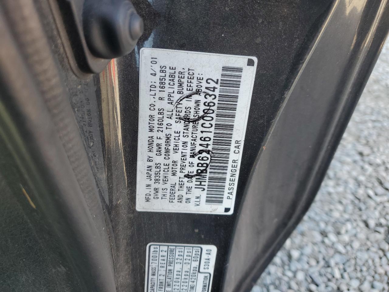 2001 Honda Prelude Black vin: JHMBB62461C006342