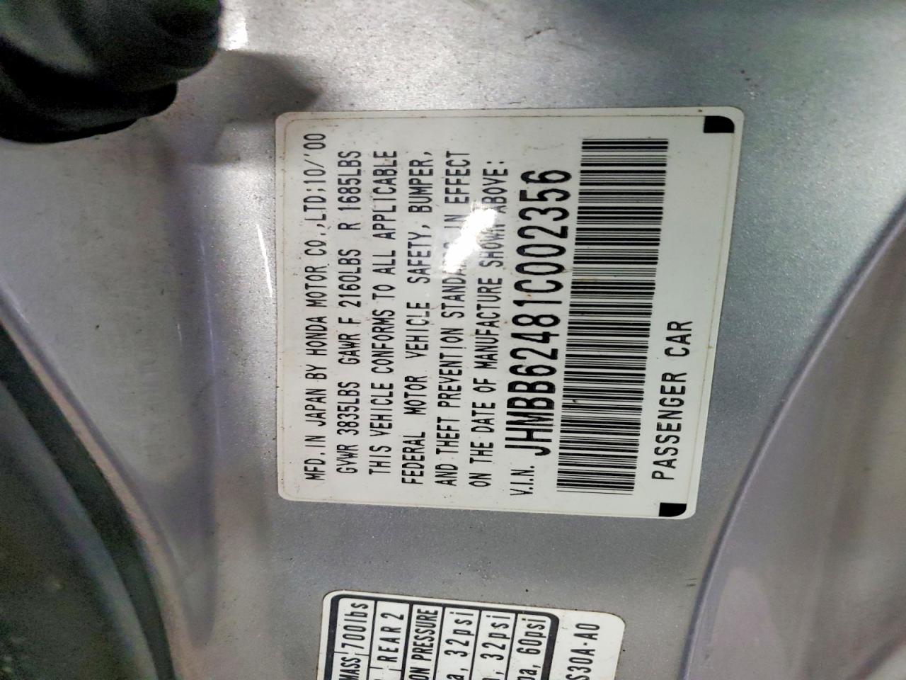 2001 Honda Prelude Silver vin: JHMBB62481C002356