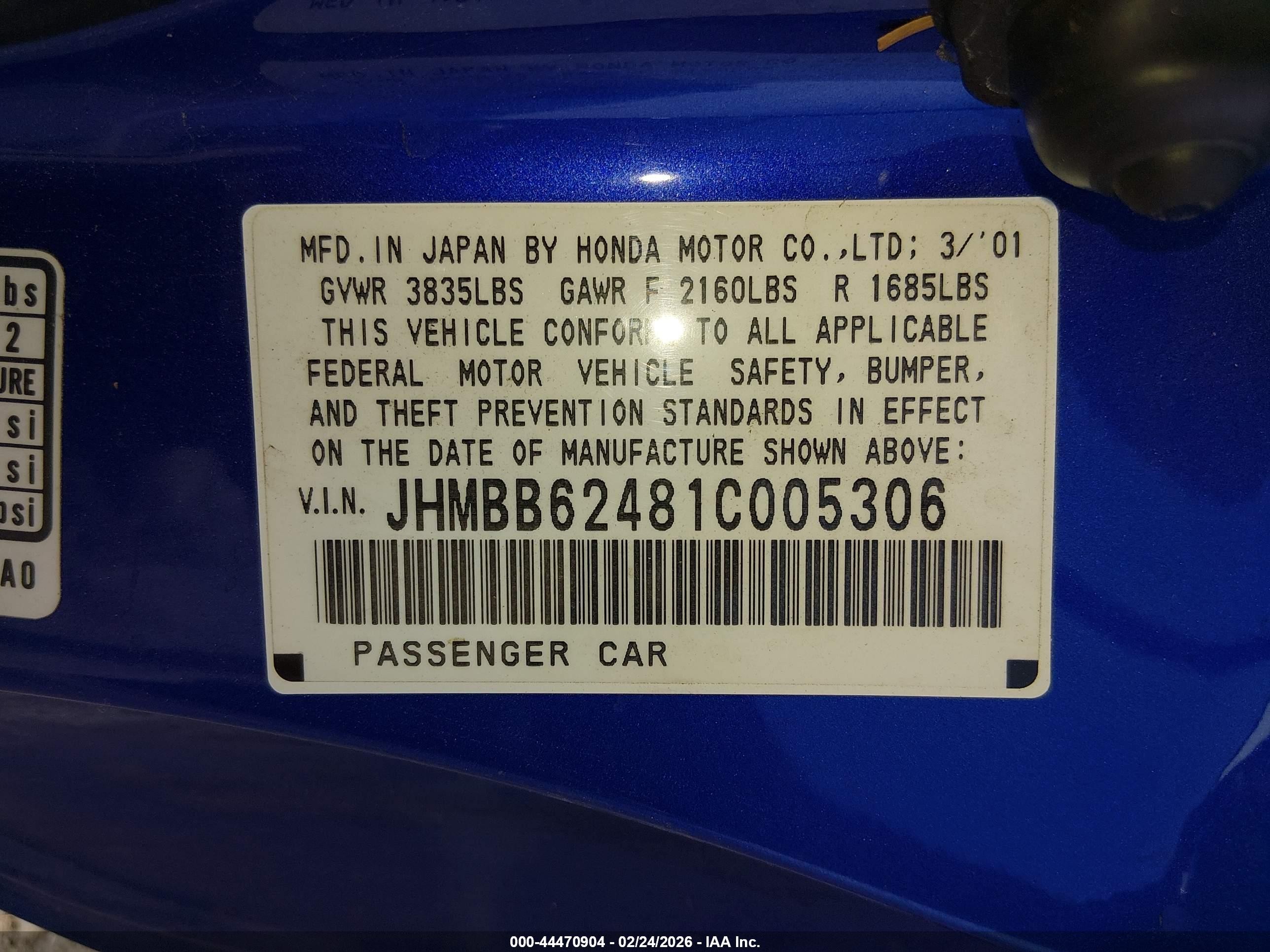2001 Honda Prelude   Blue vin: JHMBB62481C005306