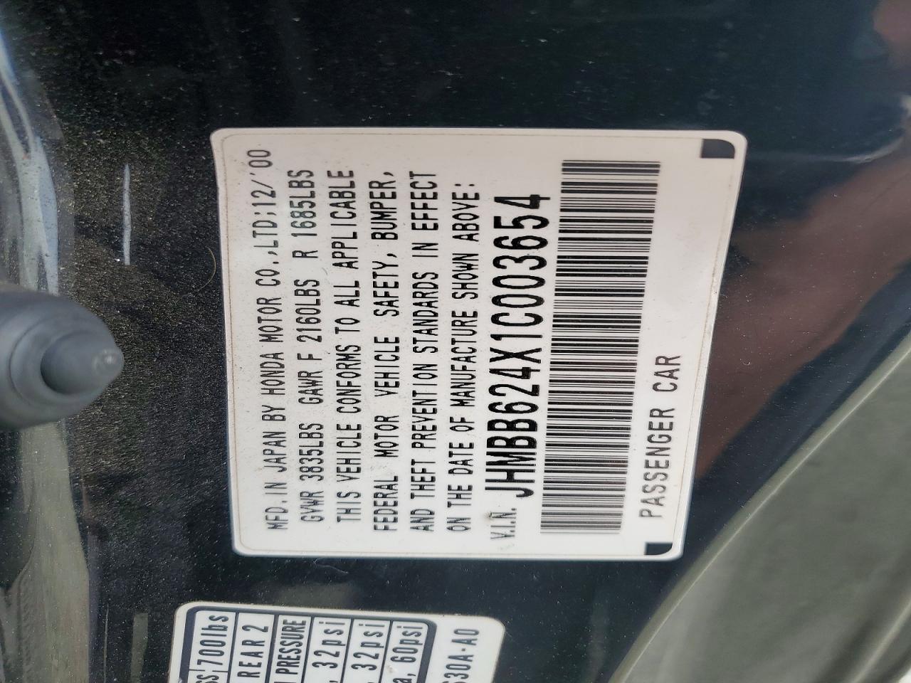 2001 Honda Prelude Black vin: JHMBB624X1C003654