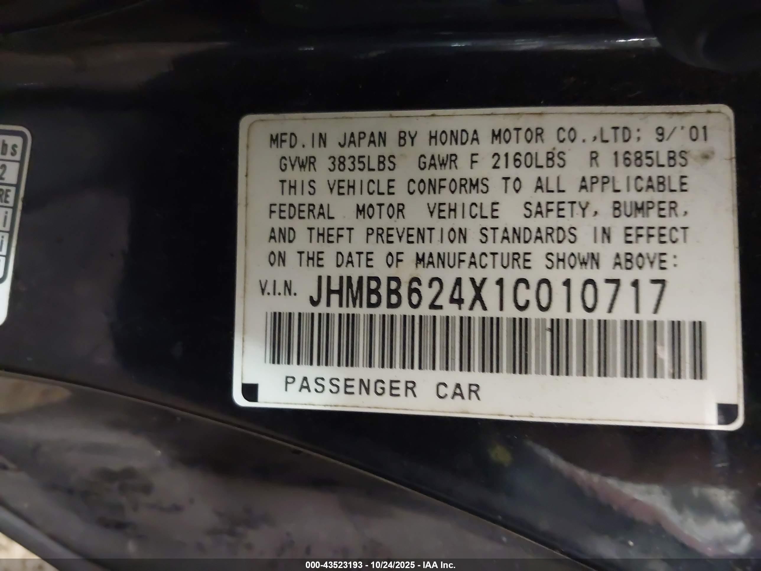 2001 Honda Prelude   Black vin: JHMBB624X1C010717