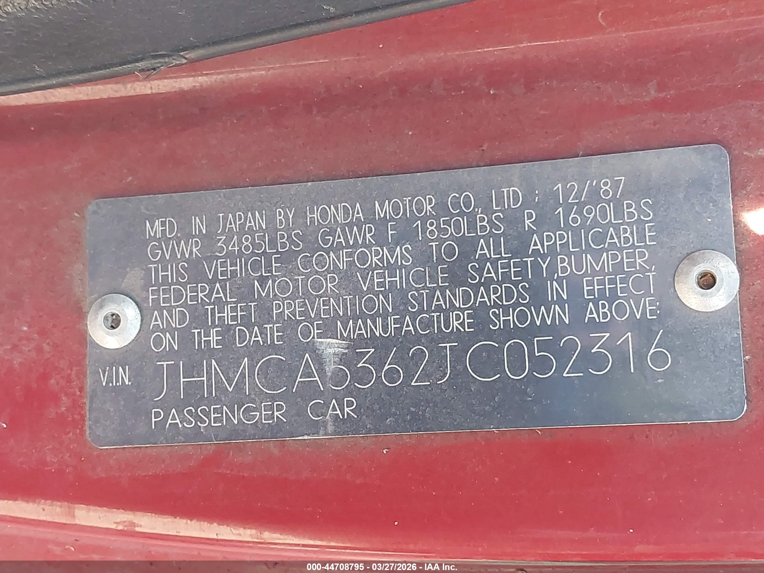 1988 Honda Accord Dx Красный vin: JHMCA5362JC052316