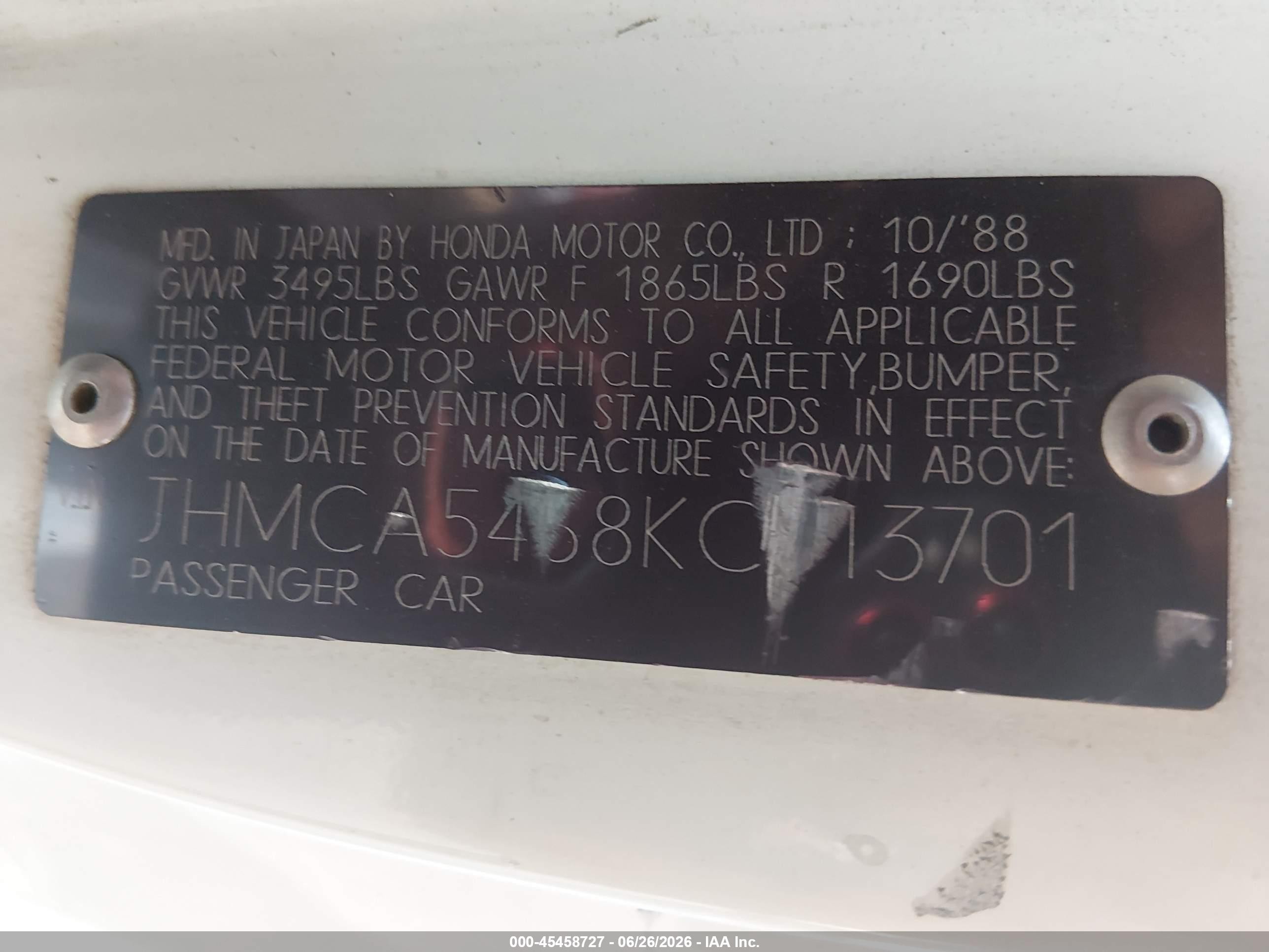 1989 Honda Accord Dx White vin: JHMCA5468KC013701