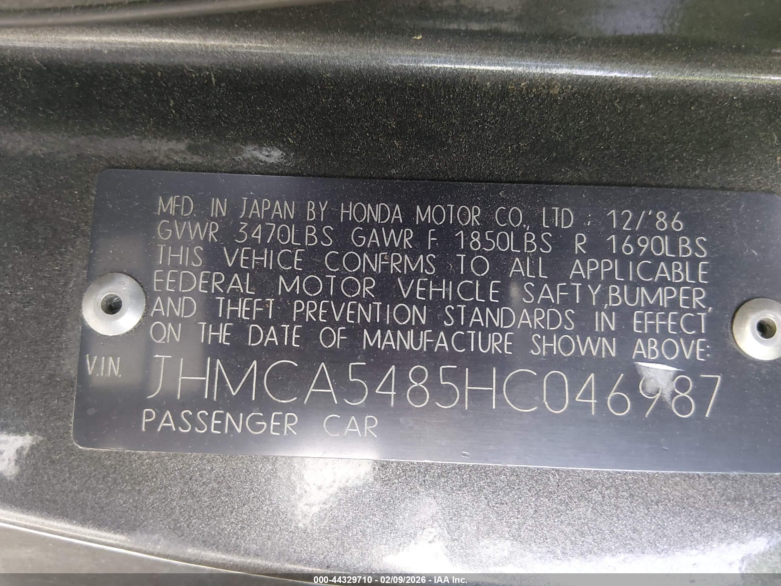 1987 Honda Accord Lxi Gray vin: JHMCA5485HC046987