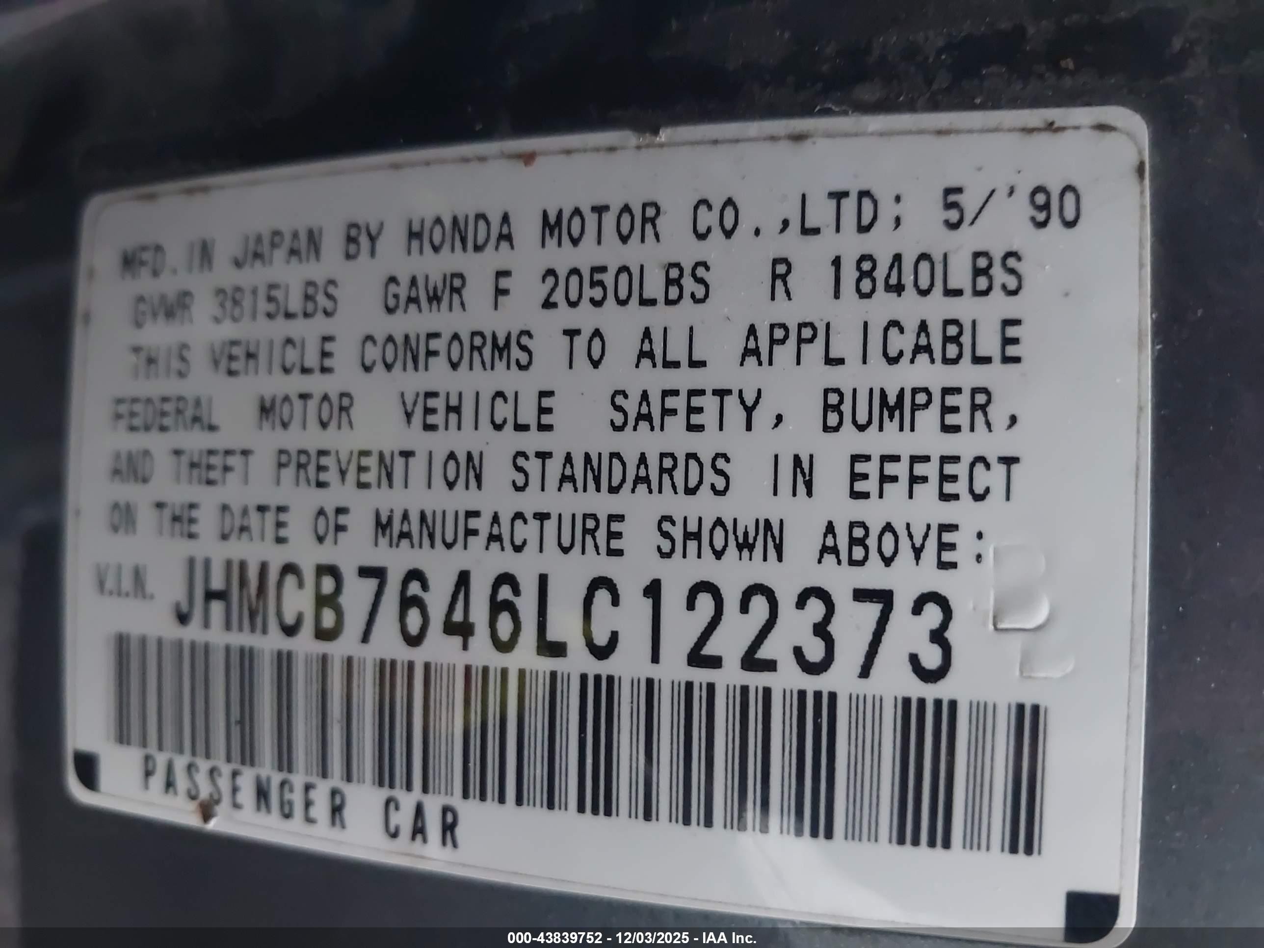 1990 Honda Accord Dx/lx Gray vin: JHMCB7646LC122373
