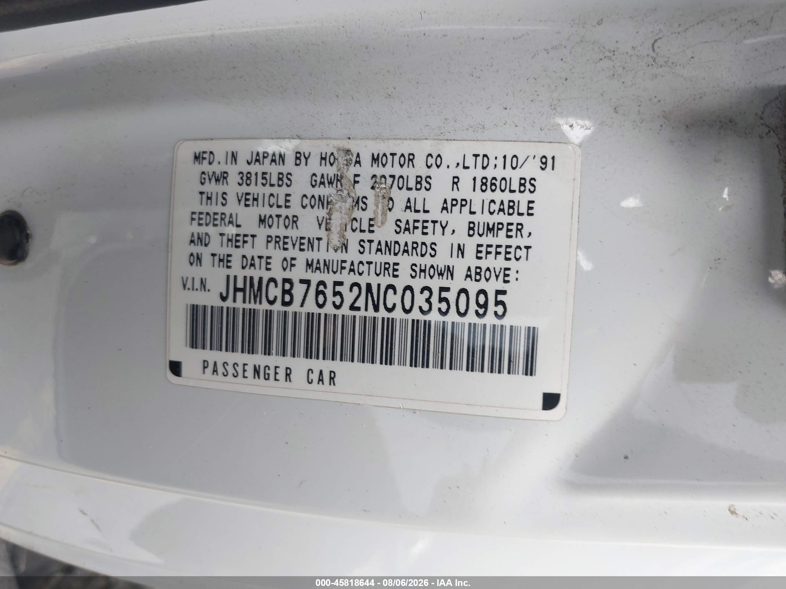 1992 Honda Accord Lx/ex White vin: JHMCB7652NC035095