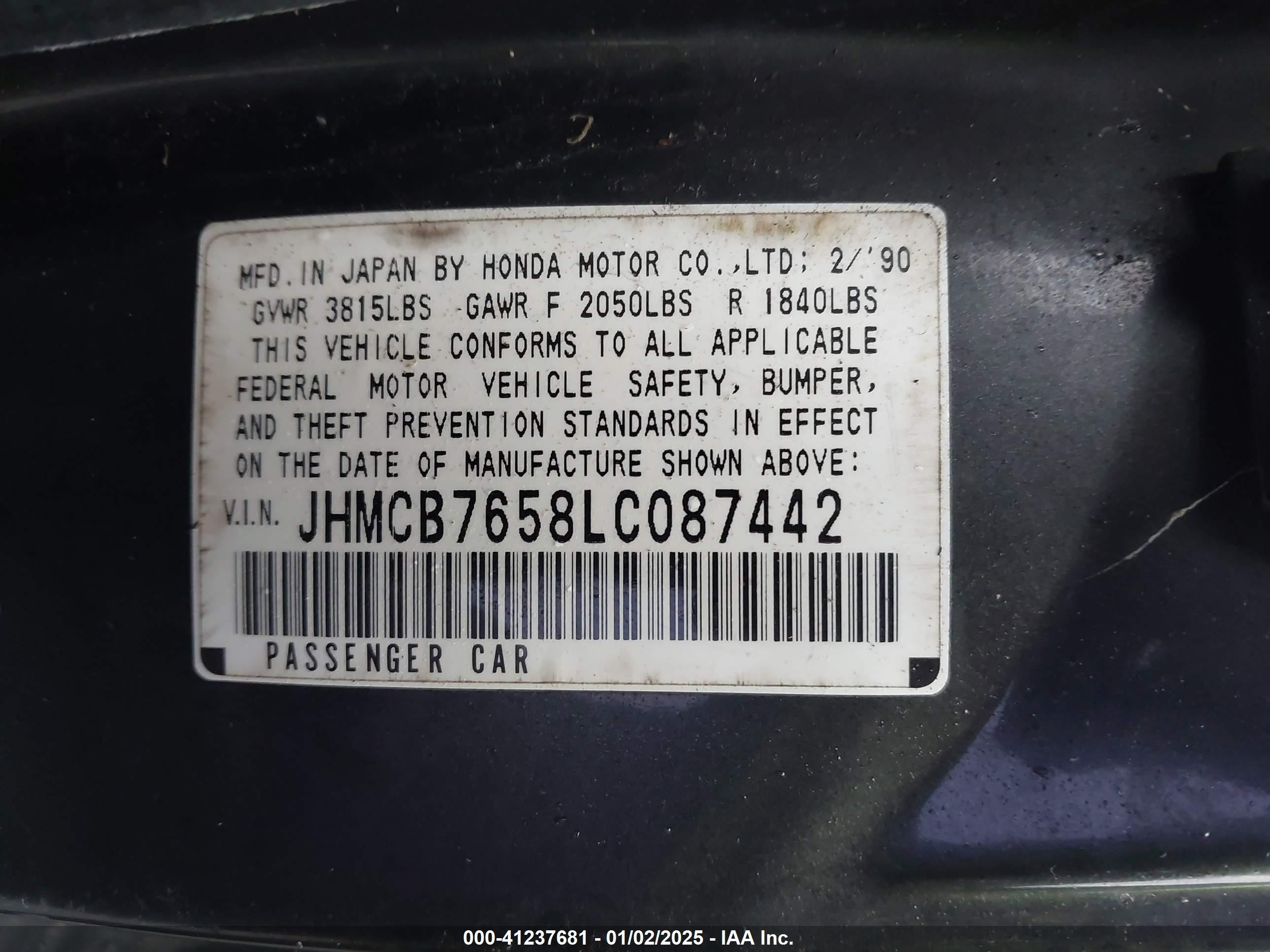 1990 Honda Accord Lx/ex Gray vin: JHMCB7658LC087442