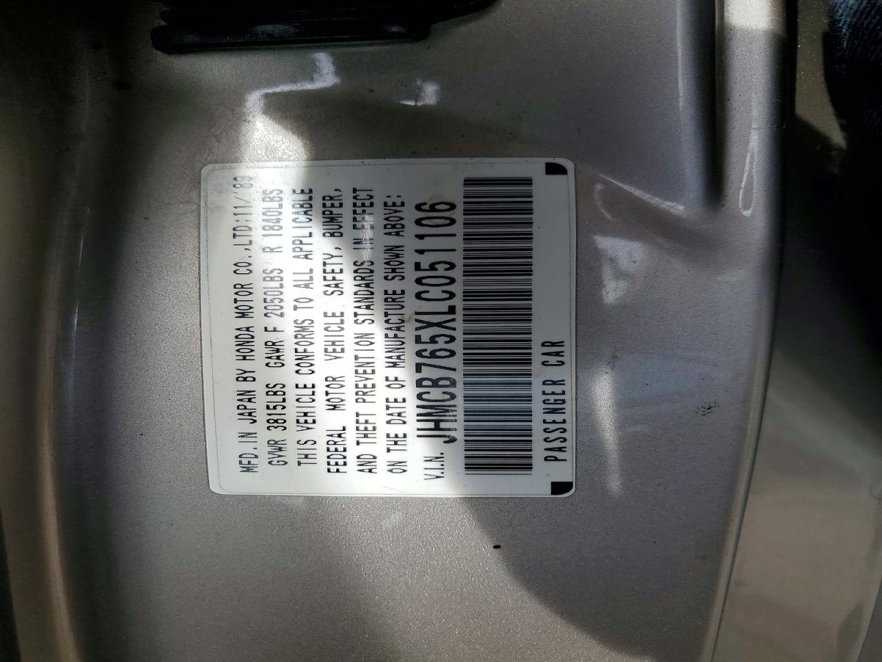 1990 Honda Accord Lx Silver vin: JHMCB765XLC051106