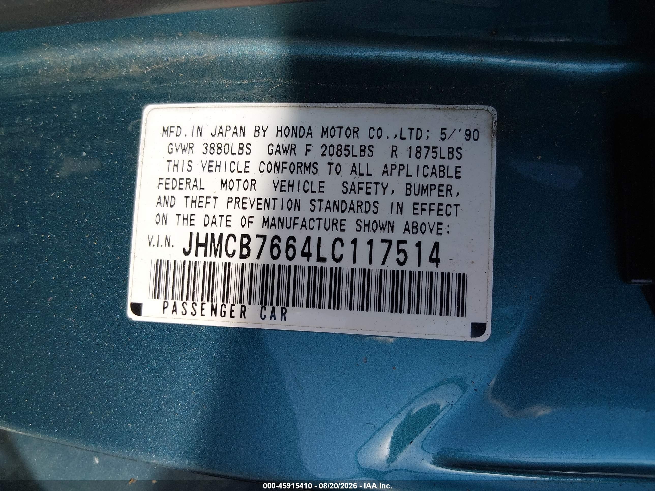 1990 Honda Accord Ex/ex-r Green vin: JHMCB7664LC117514