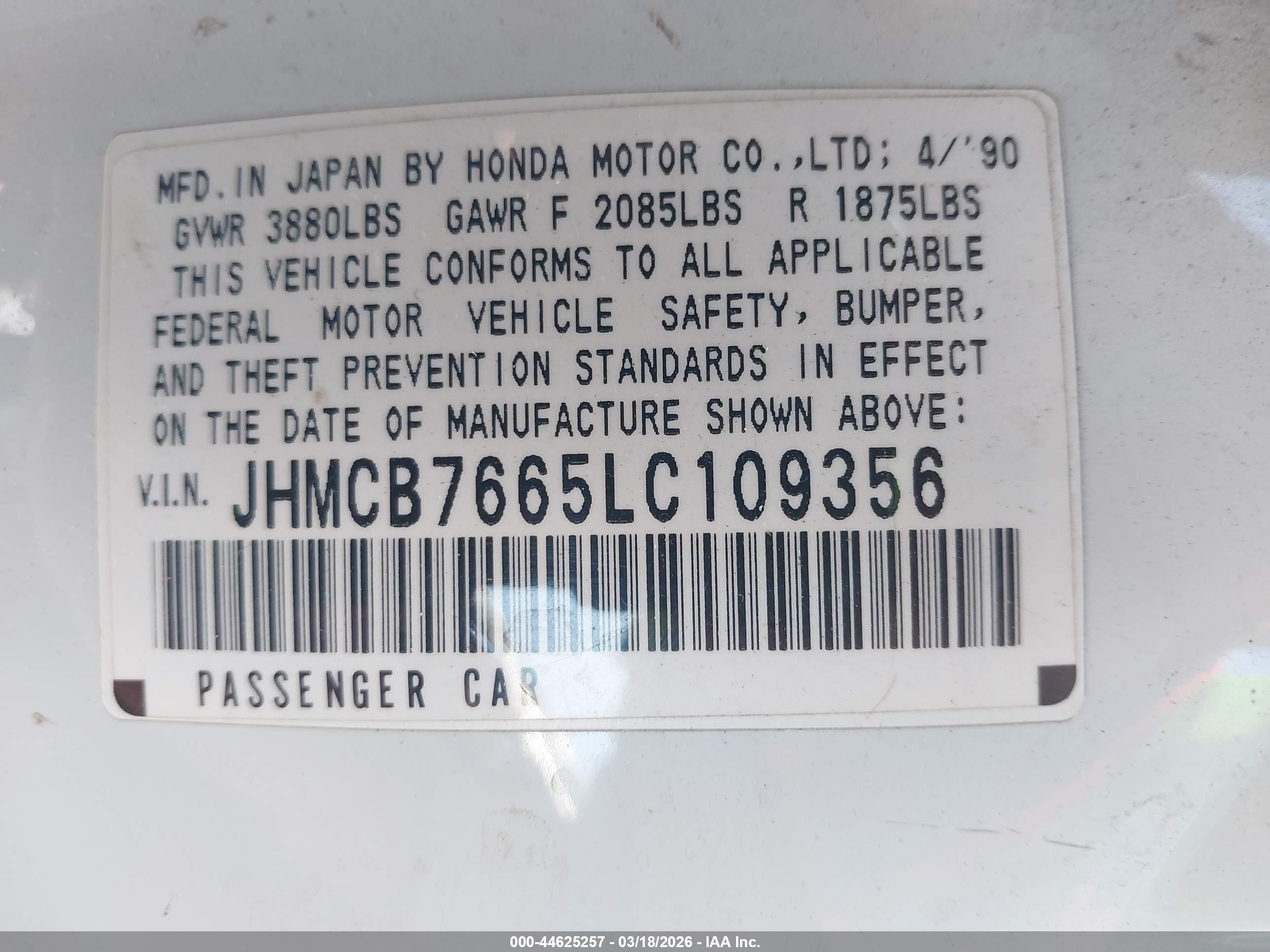 1990 Honda Accord Ex/ex-r White vin: JHMCB7665LC109356