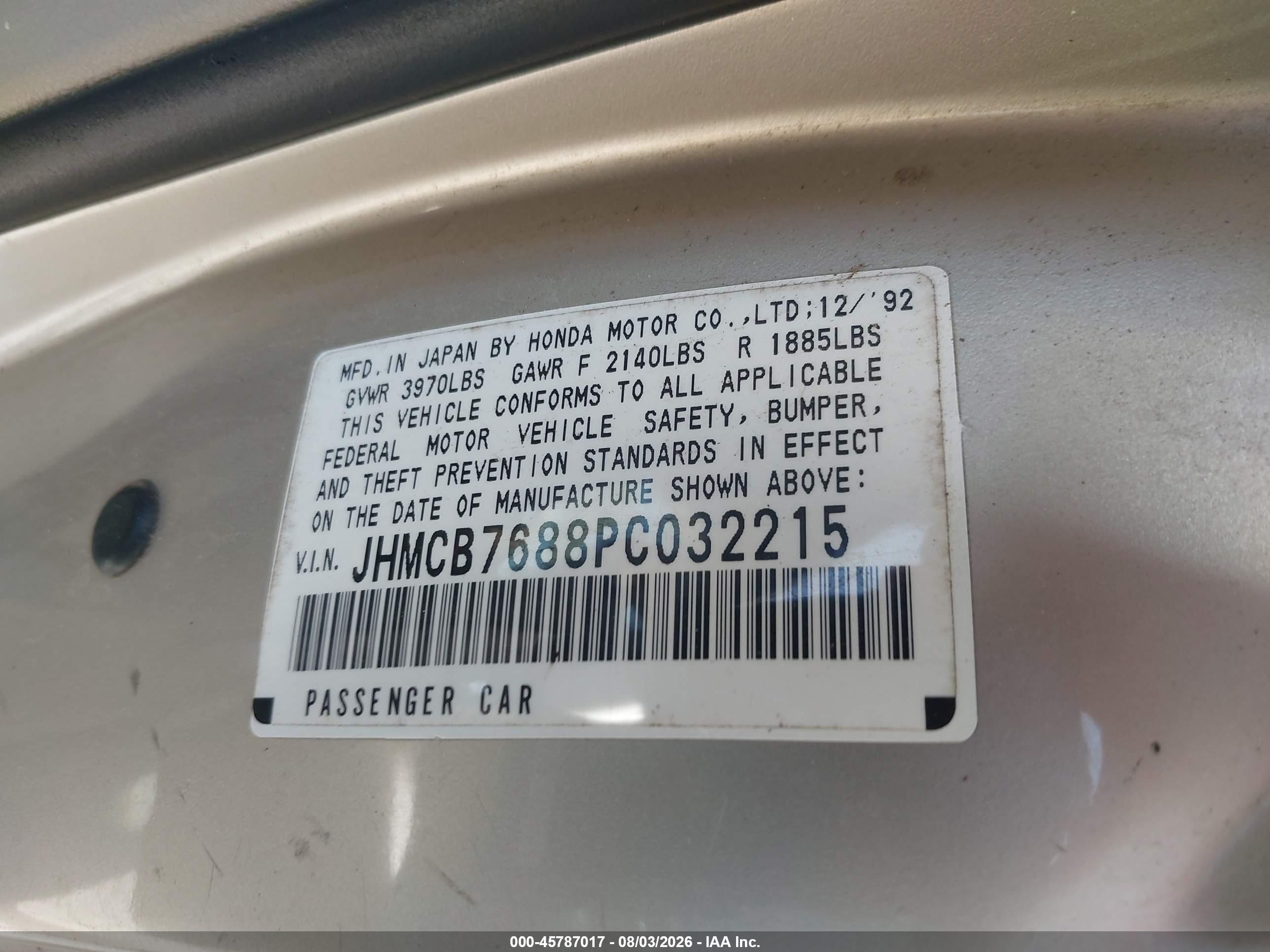 1993 Honda Accord Se Золотой vin: JHMCB7688PC032215