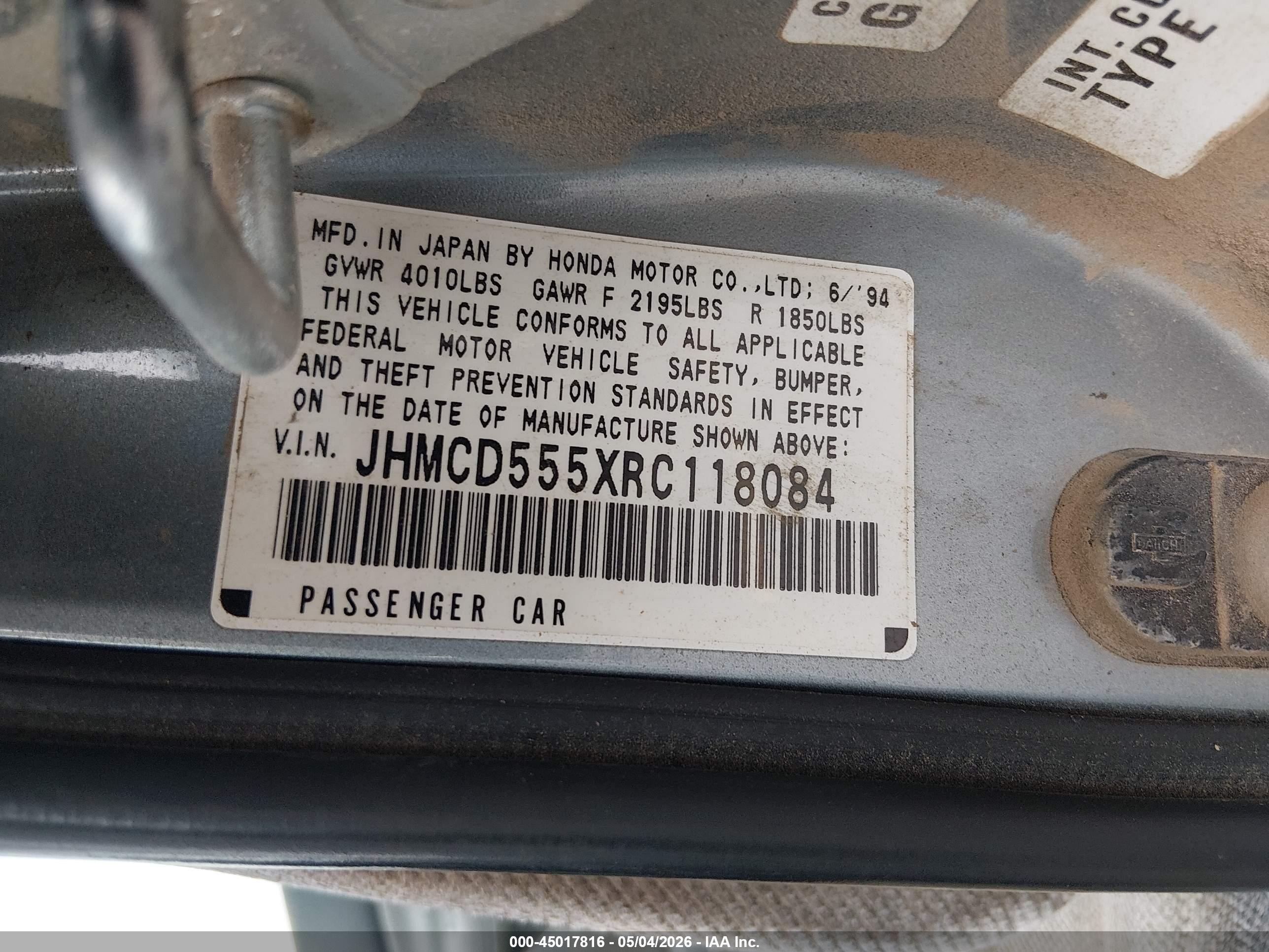 1994 Honda Accord Ex Blue vin: JHMCD555XRC118084