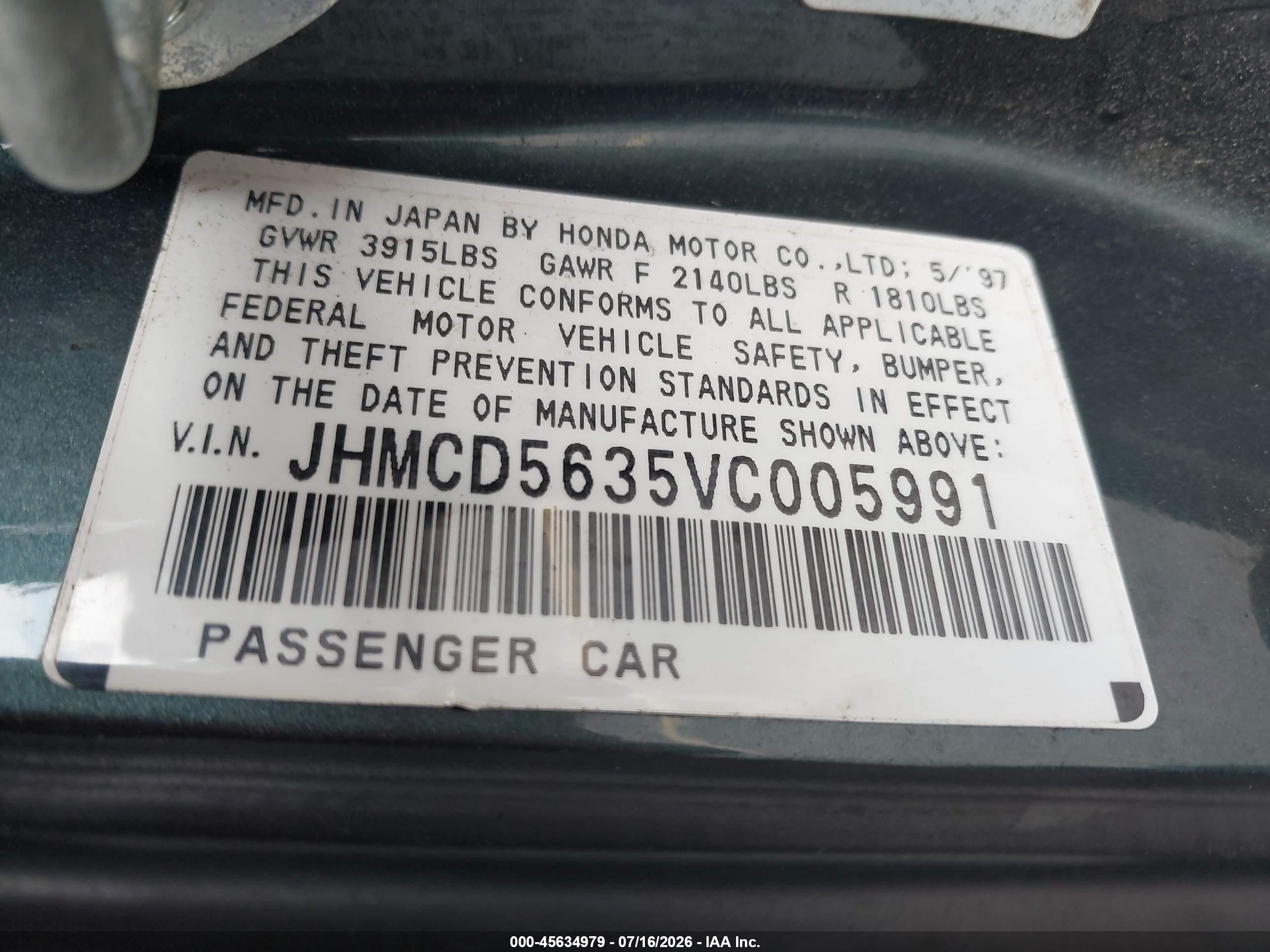1997 Honda Accord Lx Green vin: JHMCD5635VC005991