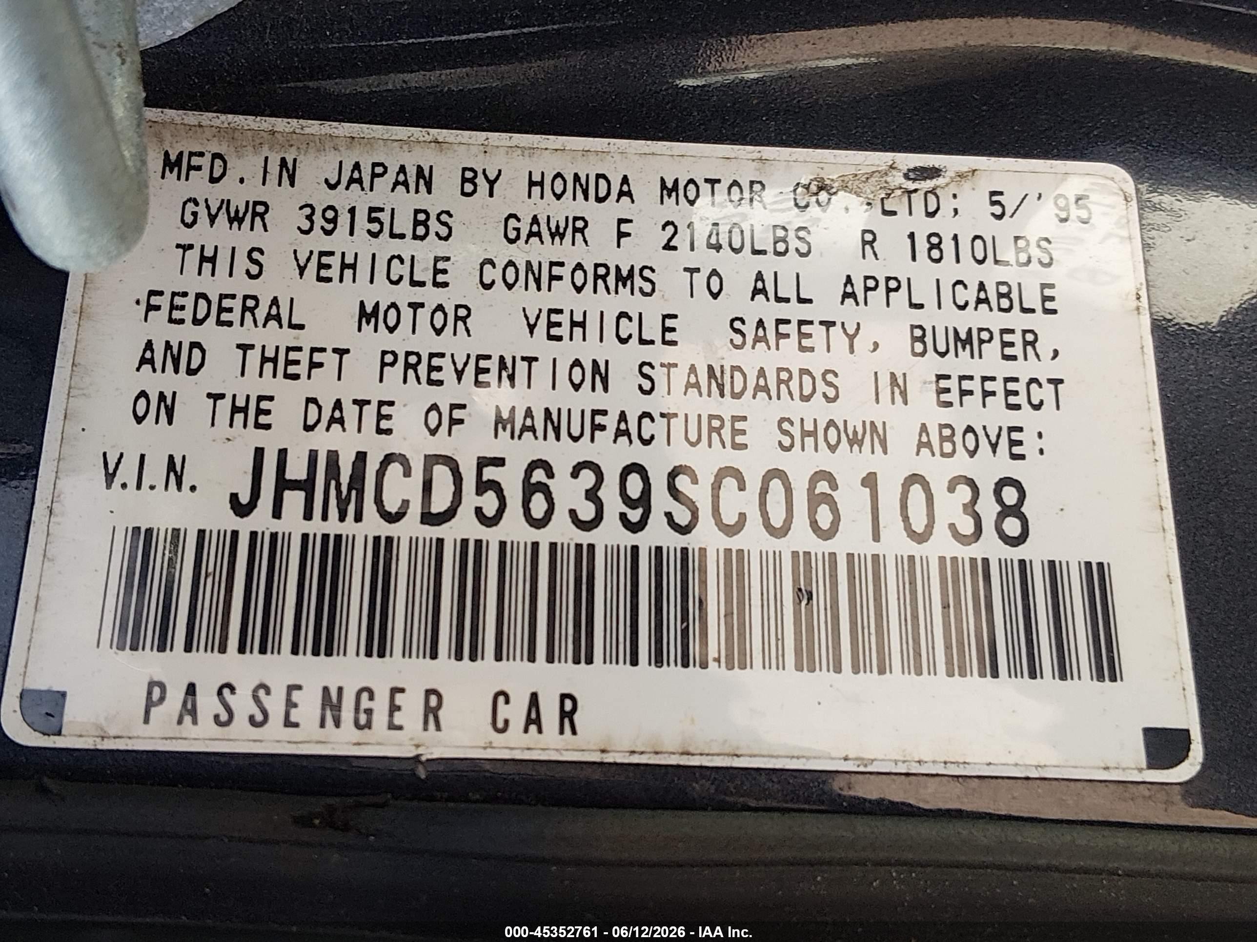 1995 Honda Accord Lx Black vin: JHMCD5639SC061038