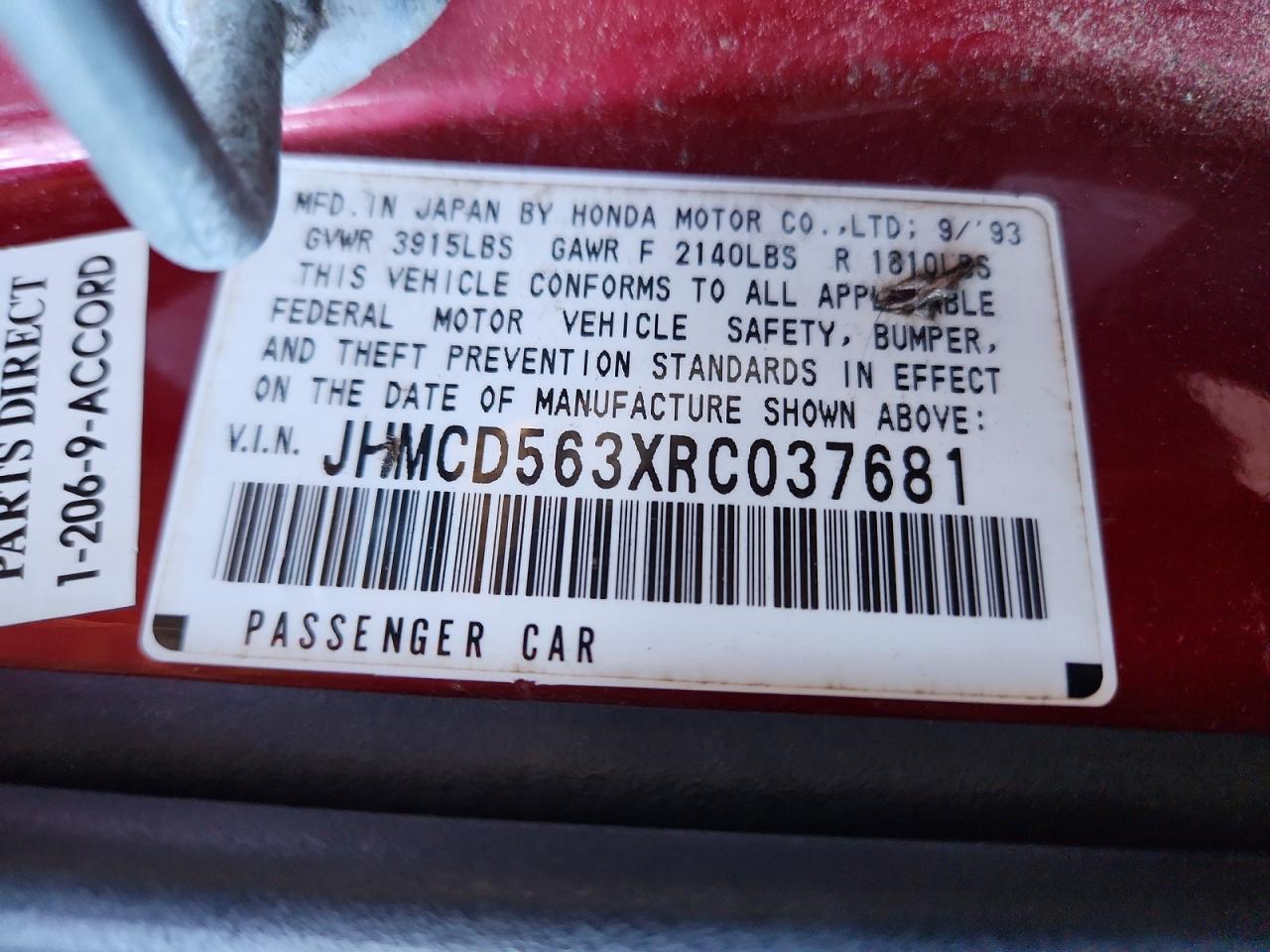 1994 Honda Accord Lx Burgundy vin: JHMCD563XRC037681