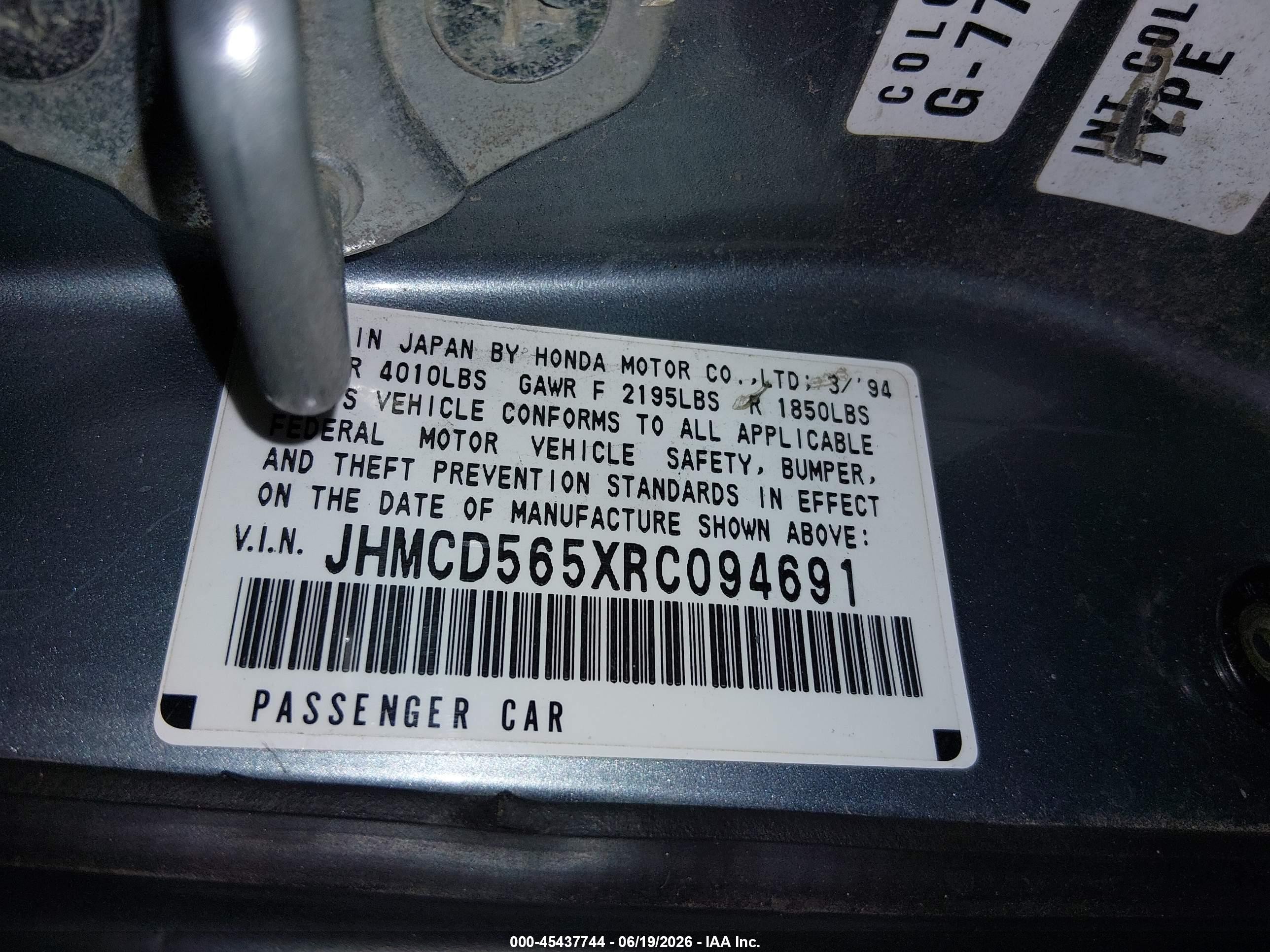1994 Honda Accord Ex Silver vin: JHMCD565XRC094691