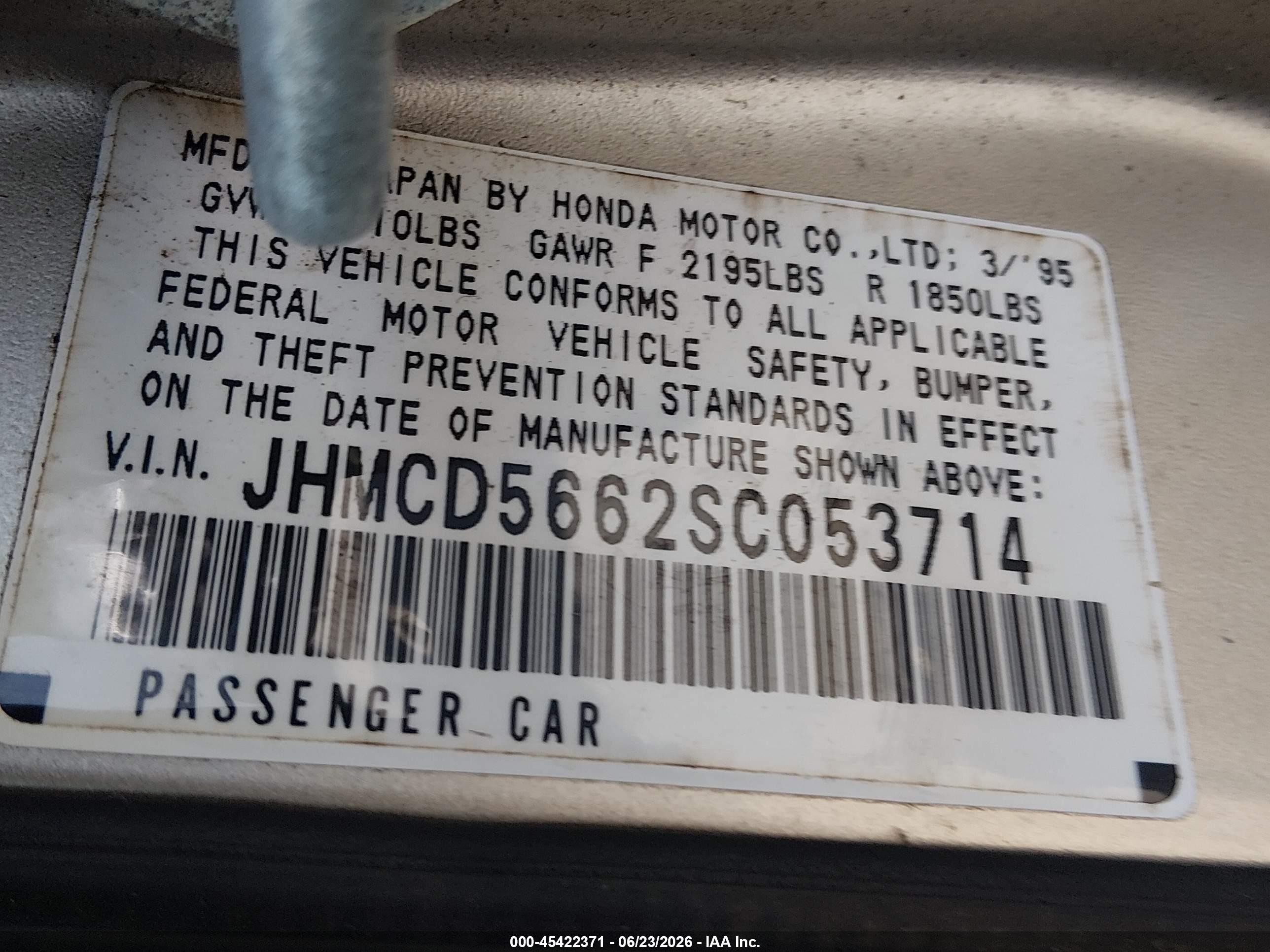 1995 Honda Accord Ex Gold vin: JHMCD5662SC053714