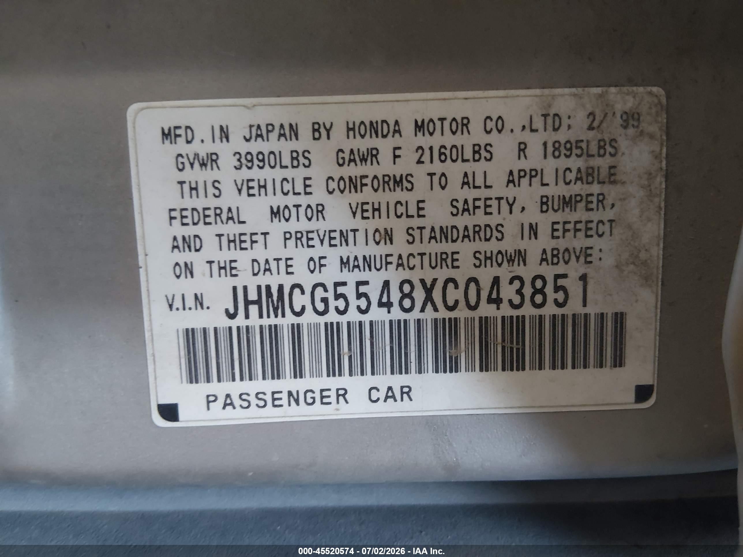 1999 Honda Accord Lx Silver vin: JHMCG5548XC043851