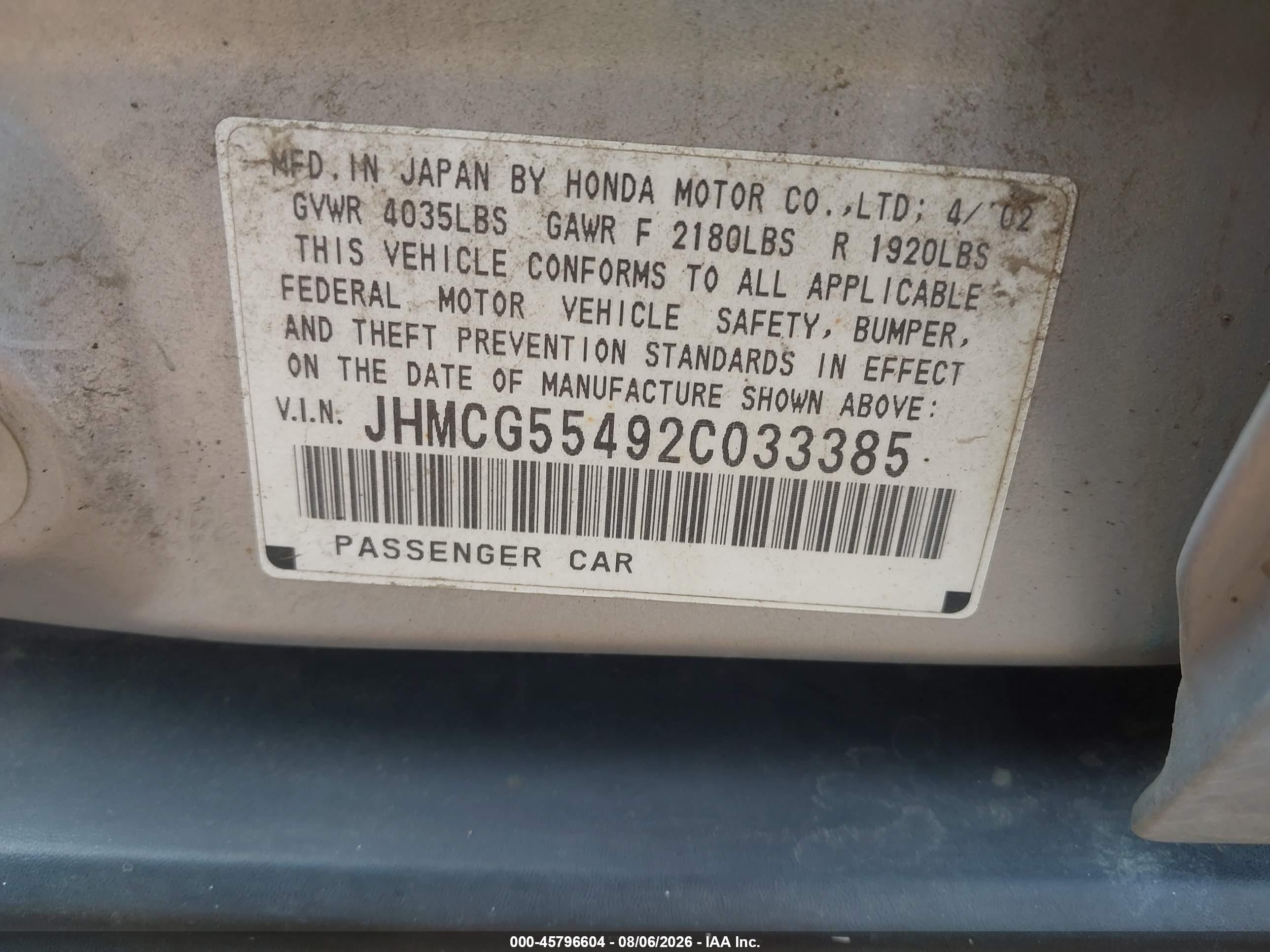 2002 Honda Accord 2.3 Lx Silver vin: JHMCG55492C033385
