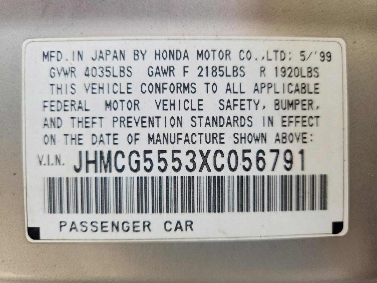 1999 Honda Accord Ex Silver vin: JHMCG5553XC056791