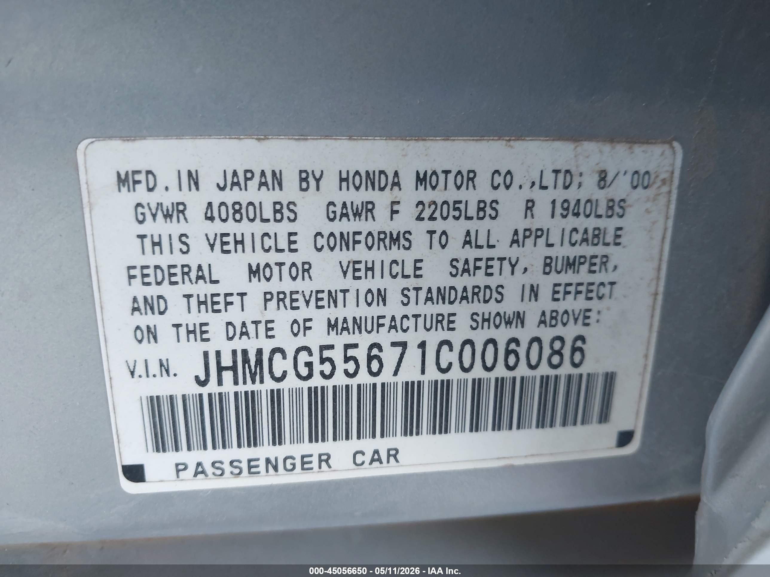 2001 Honda Accord 2.3 Ex Silver vin: JHMCG55671C006086