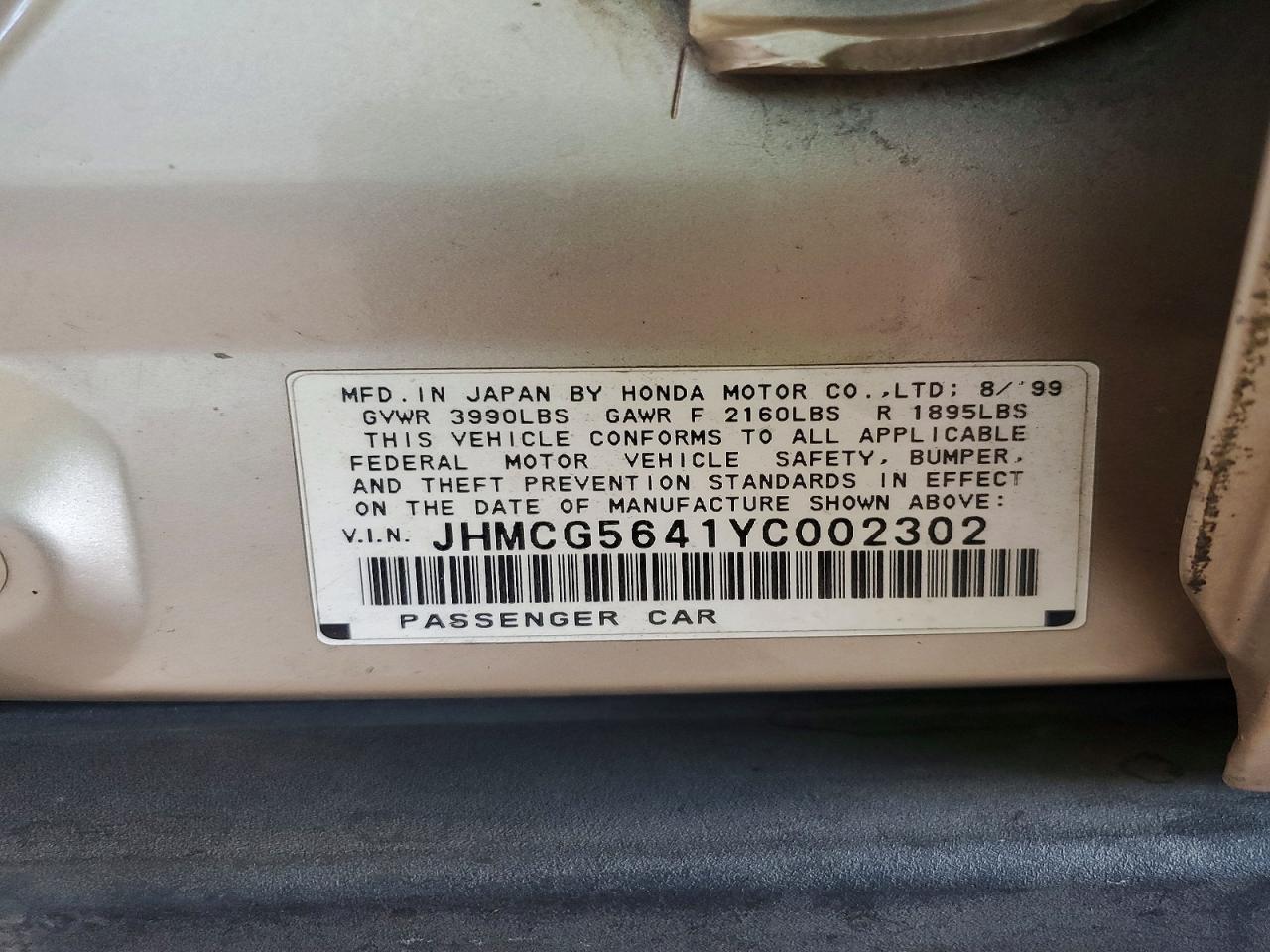 2000 Honda Accord Lx Gold vin: JHMCG5641YC002302