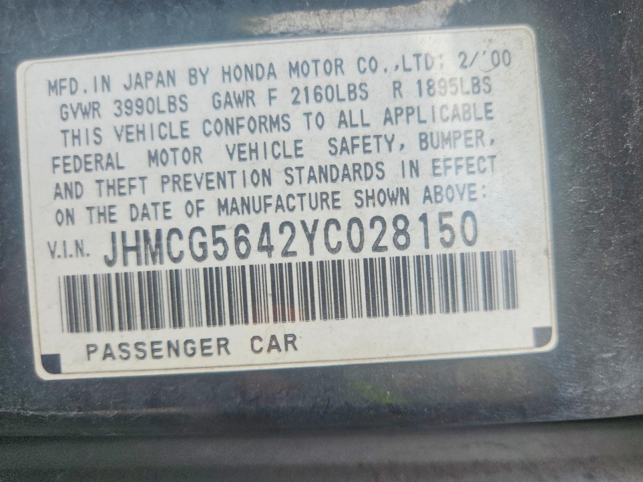 2000 Honda Accord Lx Black vin: JHMCG5642YC028150