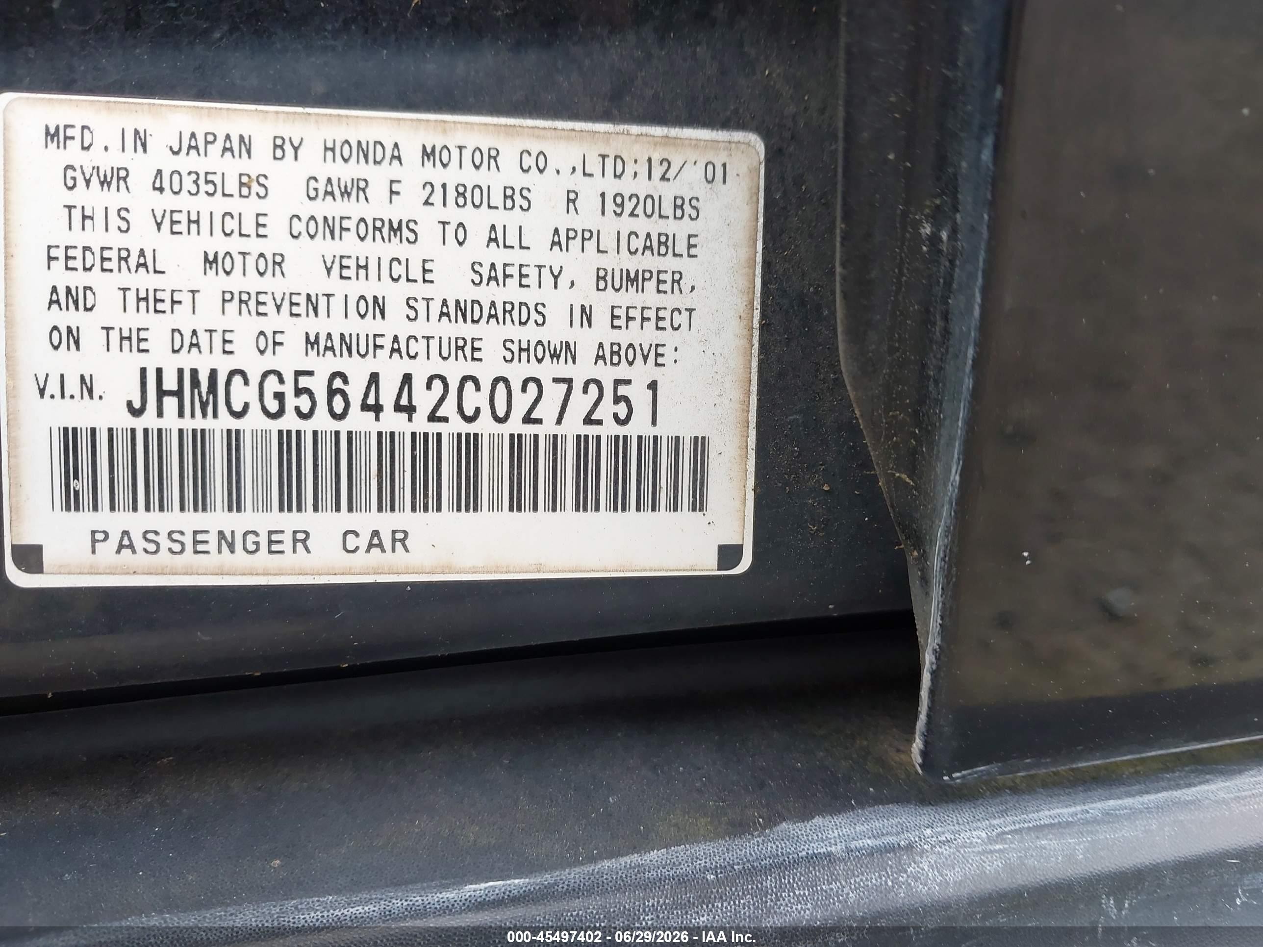 2002 Honda Accord 2.3 Lx Black vin: JHMCG56442C027251