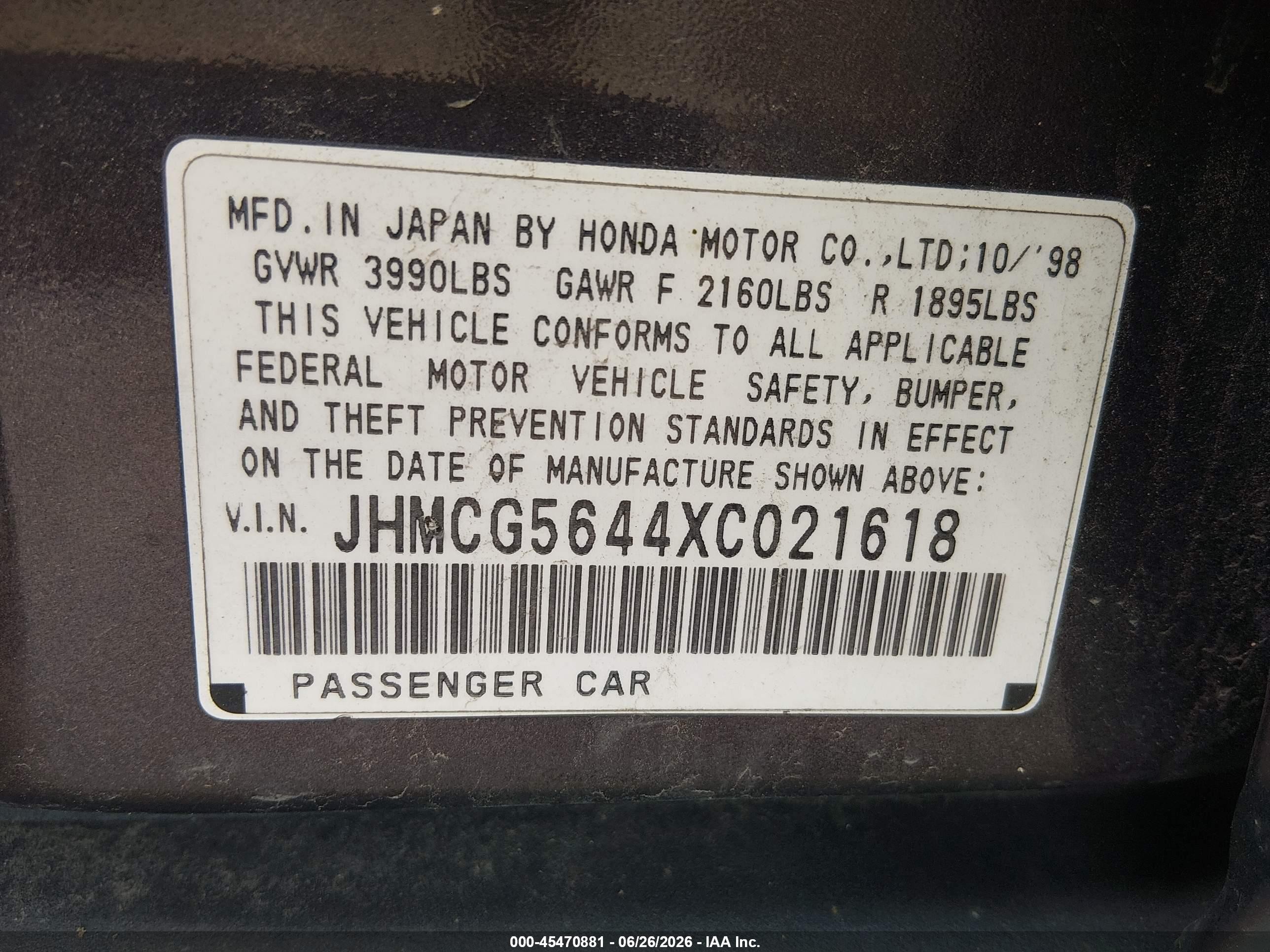 1999 Honda Accord Lx Gray vin: JHMCG5644XC021618