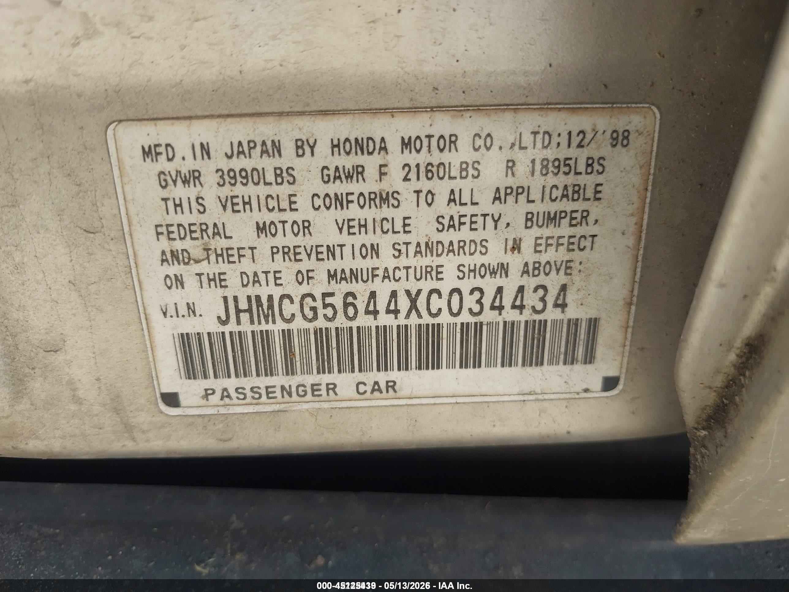 1999 Honda Accord Lx Champagne vin: JHMCG5644XC034434