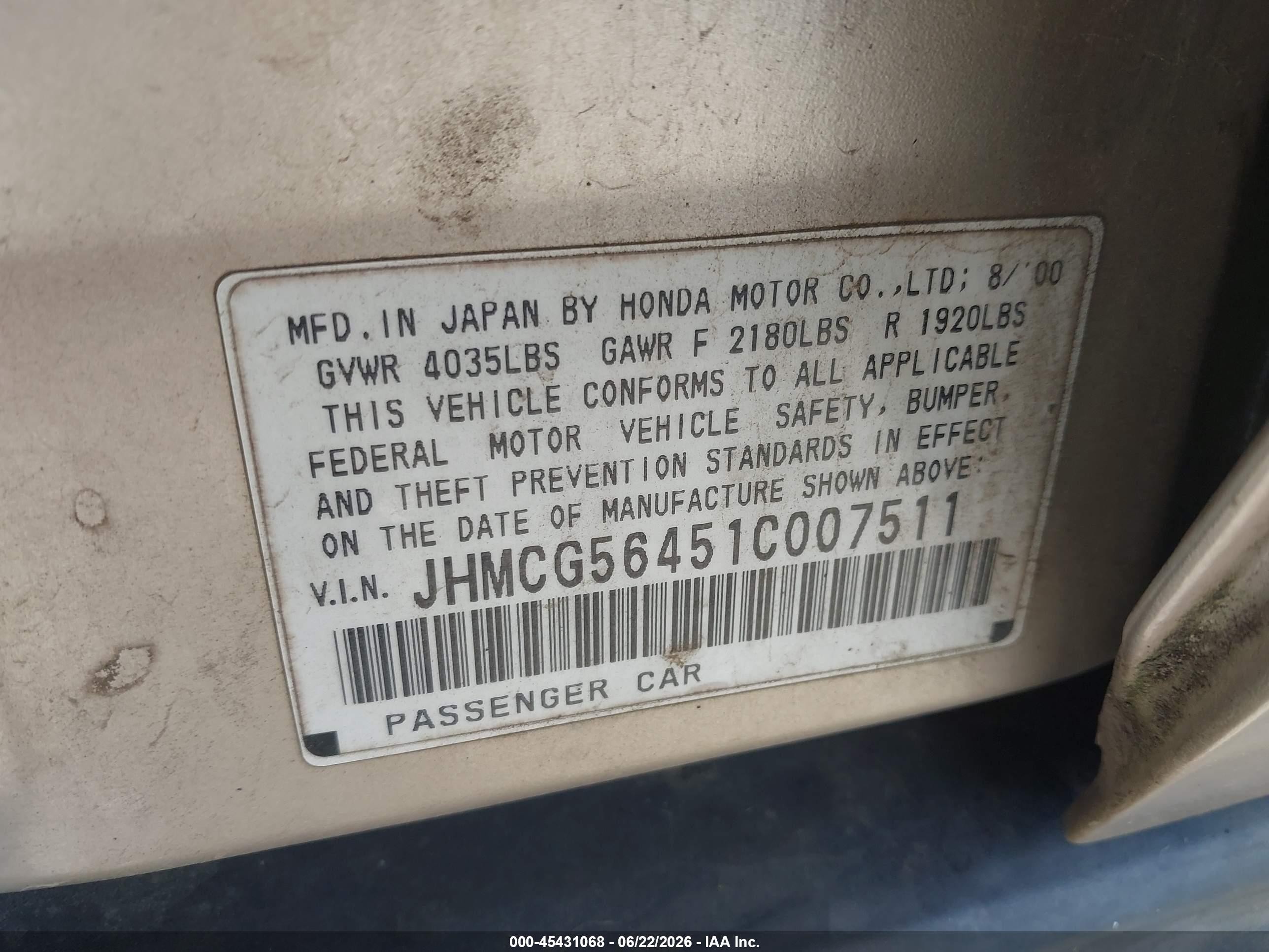 2001 Honda Accord 2.3 Lx Gold vin: JHMCG56451C007511