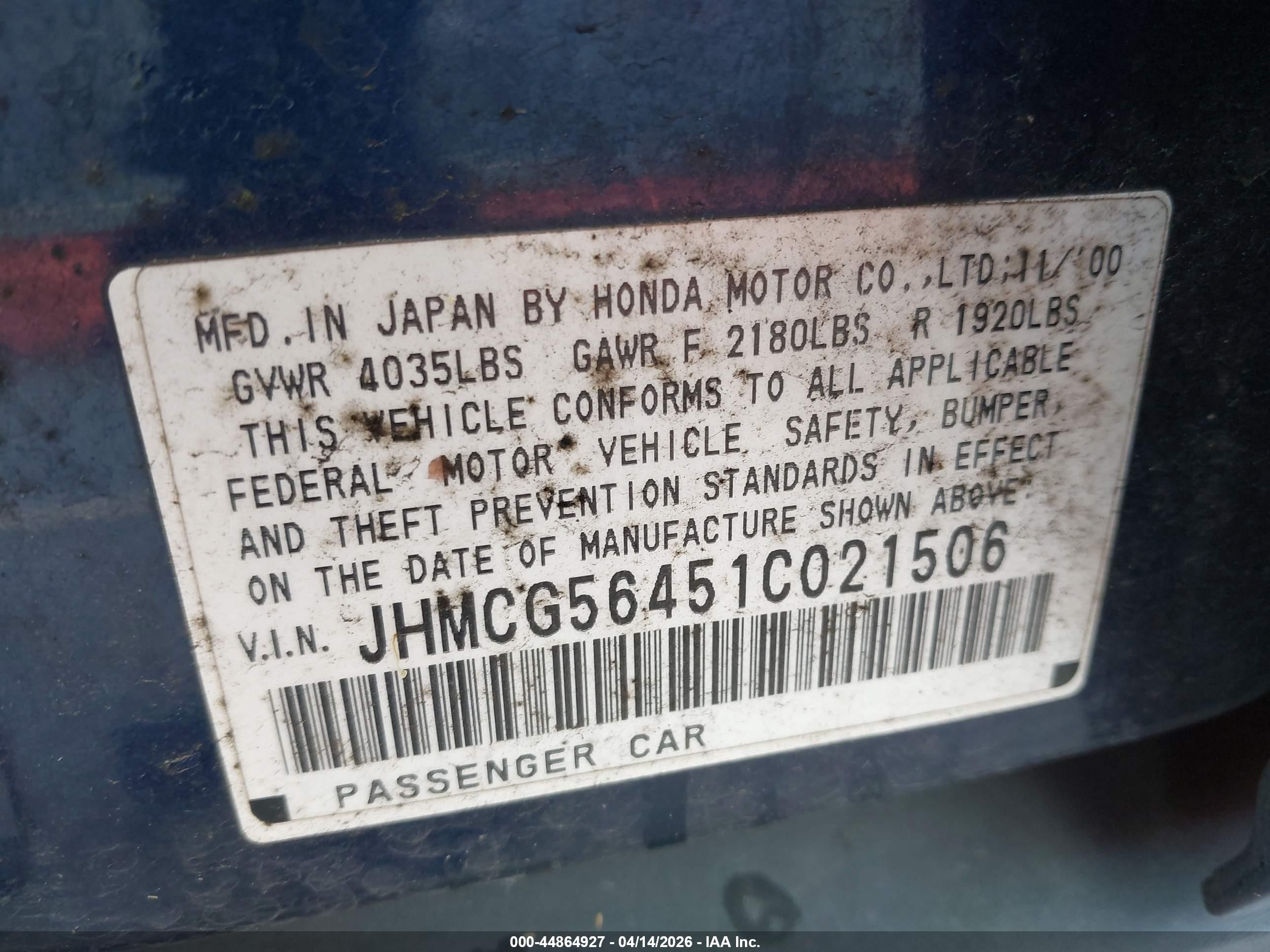 2001 Honda Accord 2.3 Lx Blue vin: JHMCG56451C021506