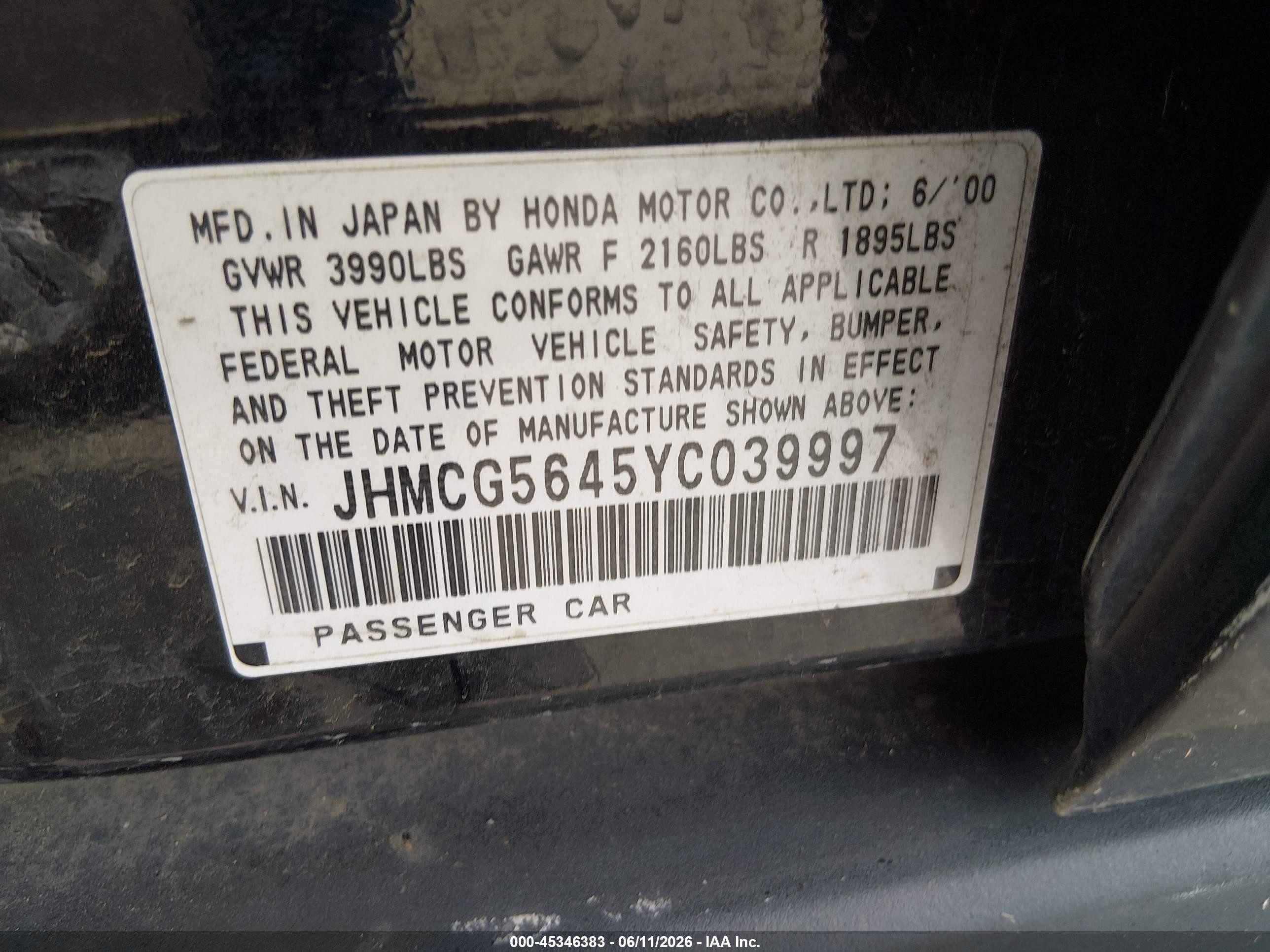 2000 Honda Accord 2.3 Lx Black vin: JHMCG5645YC039997