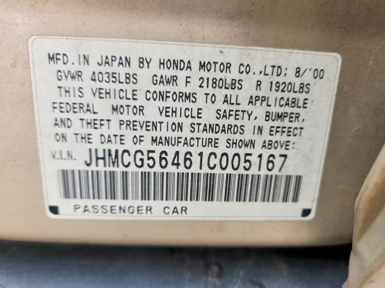 2001 Honda Accord Lx Beige vin: JHMCG56461C005167