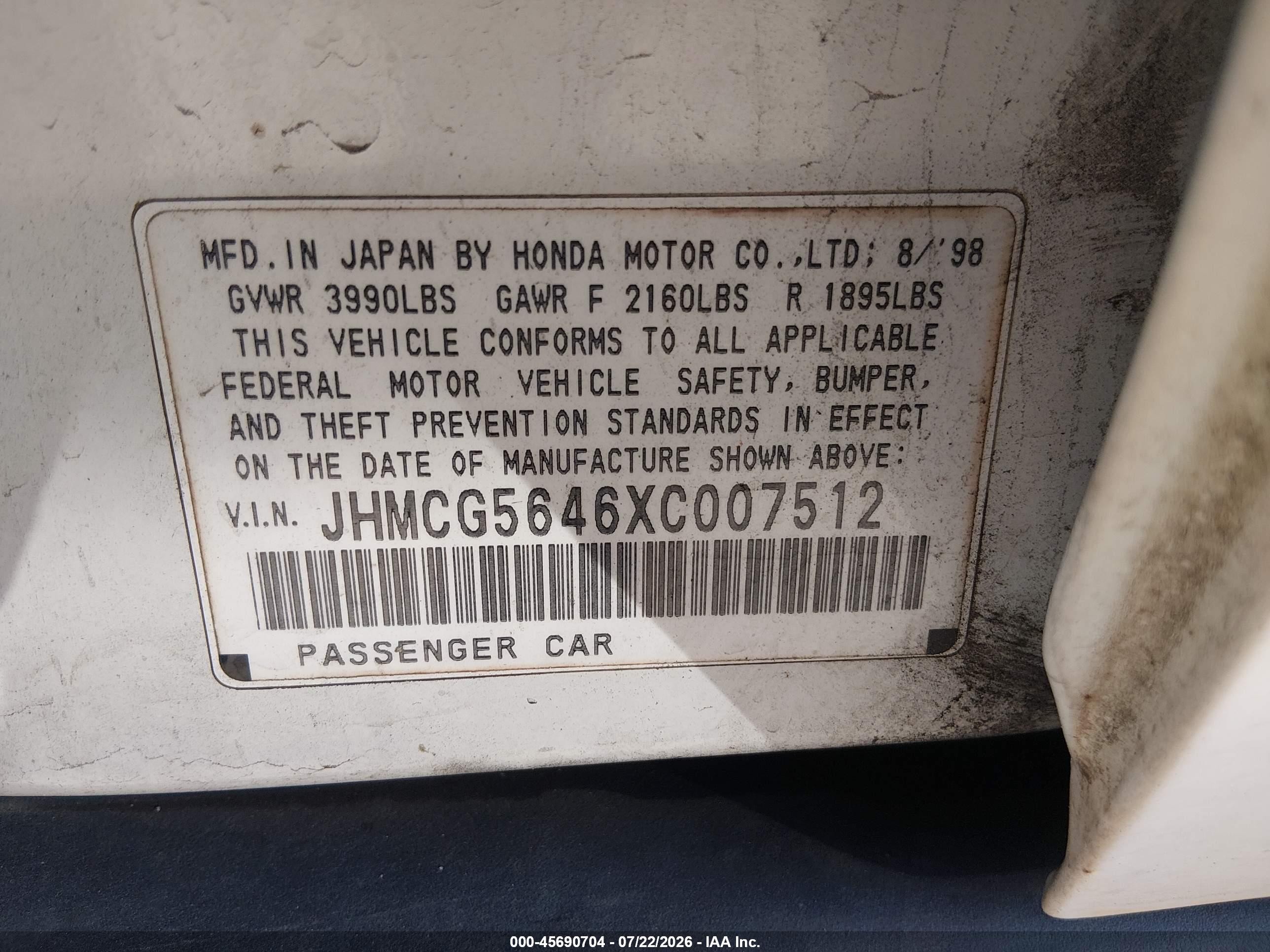 1999 Honda Accord Lx White vin: JHMCG5646XC007512