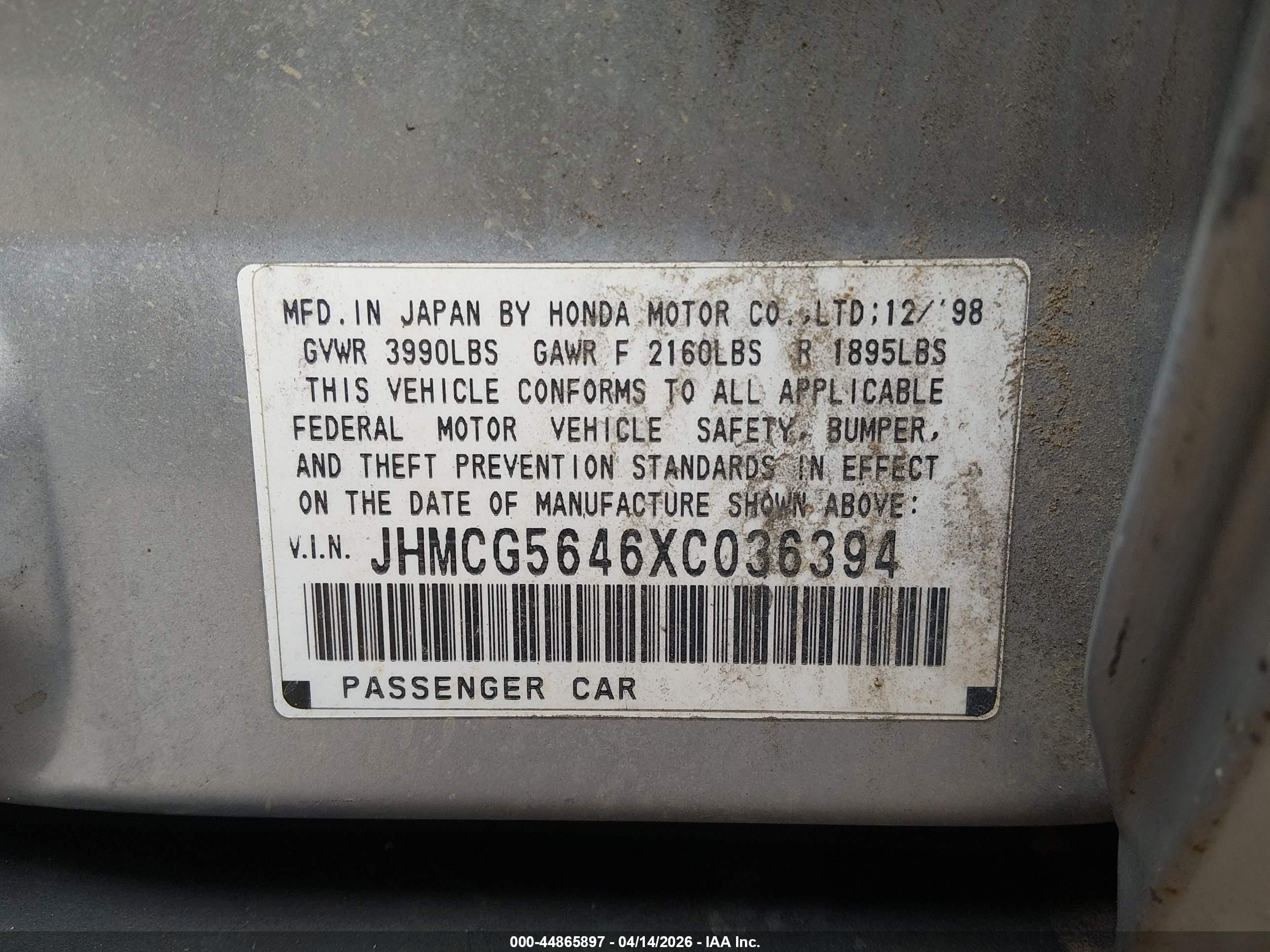 1999 Honda Accord Lx Gray vin: JHMCG5646XC036394