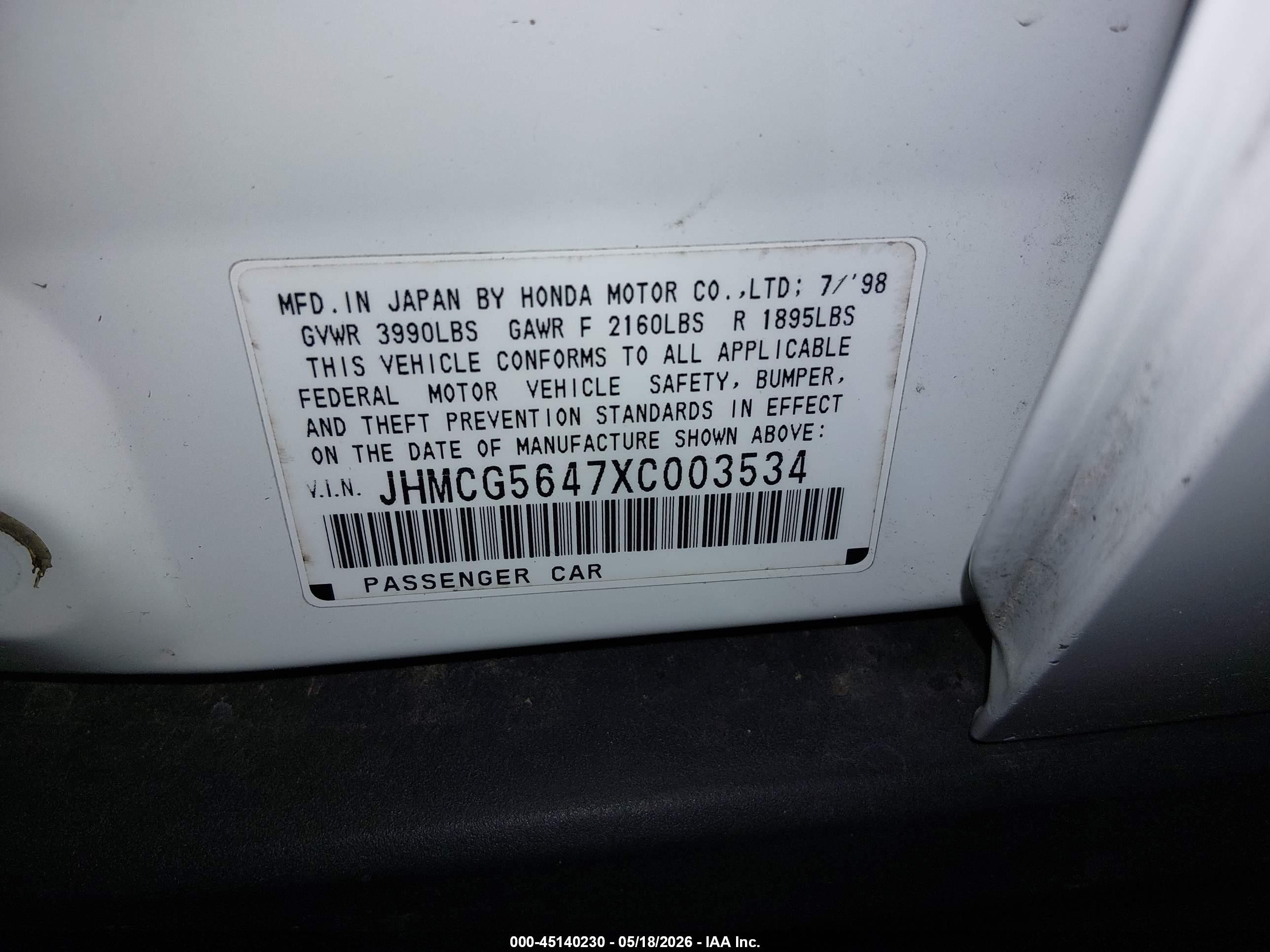1999 Honda Accord Lx White vin: JHMCG5647XC003534