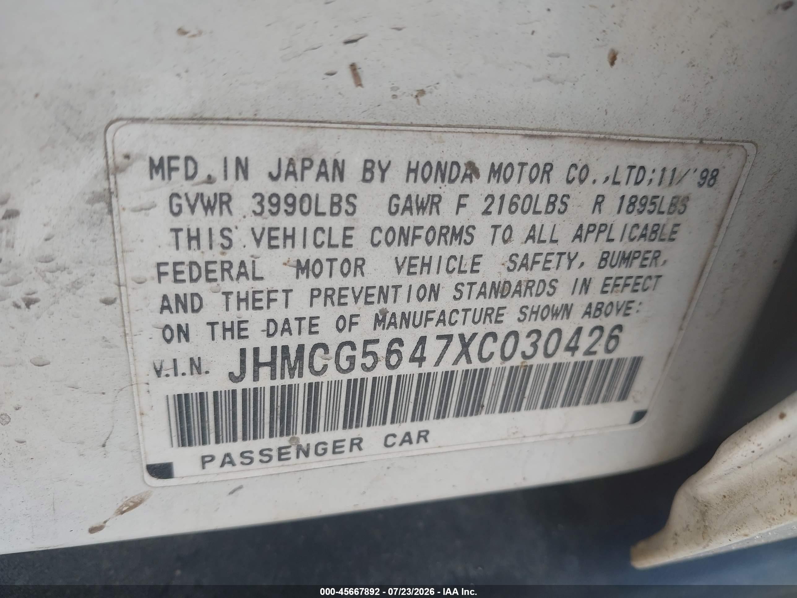 1999 Honda Accord Lx Белый vin: JHMCG5647XC030426