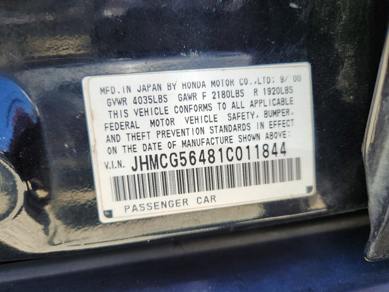 2001 Honda Accord Lx Black vin: JHMCG56481C011844