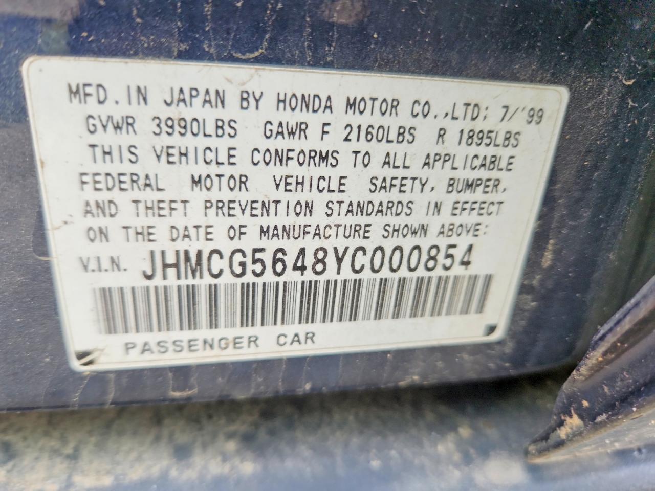 2000 Honda Accord Lx Gray vin: JHMCG5648YC000854