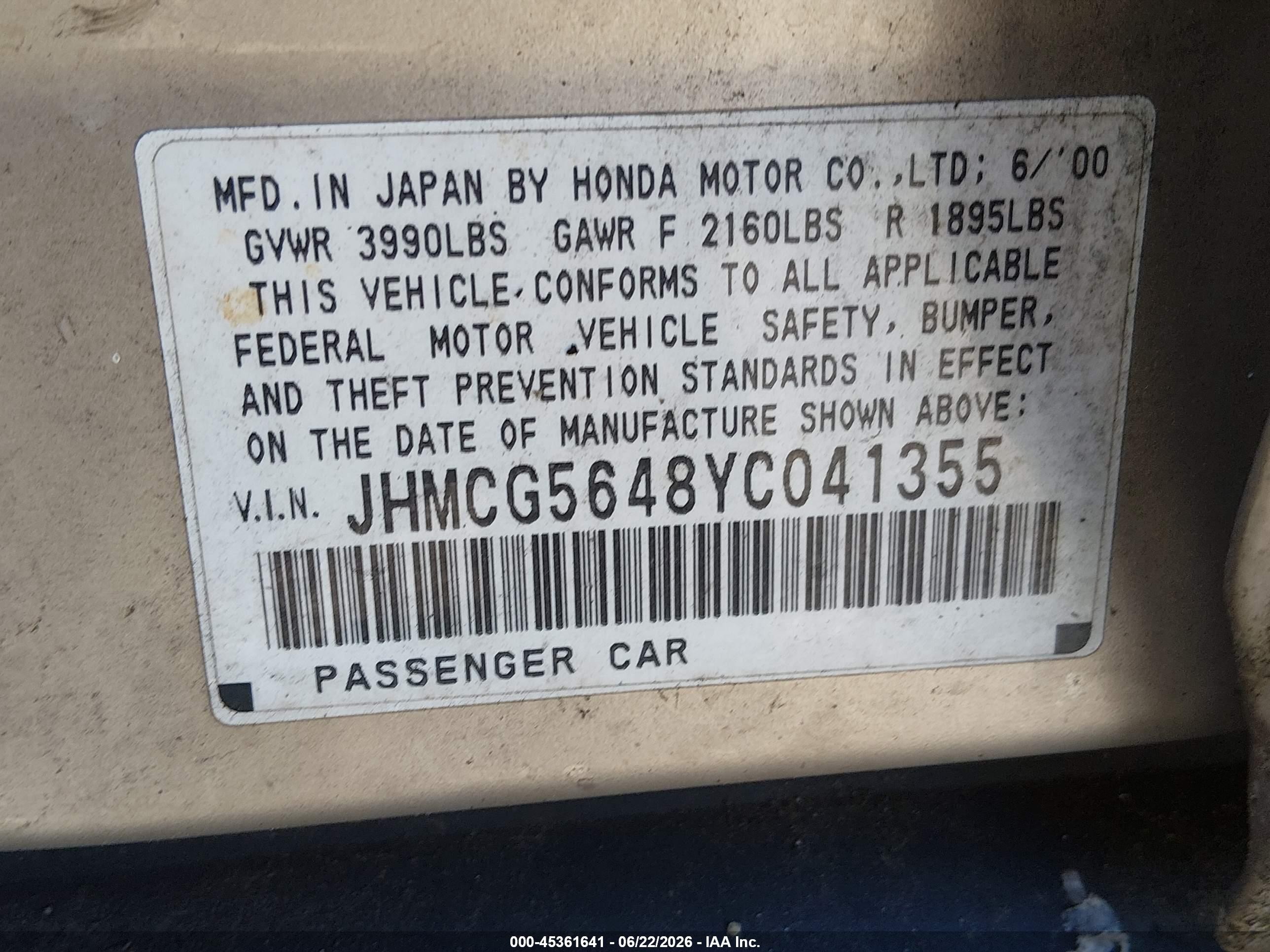 2000 Honda Accord 2.3 Lx Brown vin: JHMCG5648YC041355