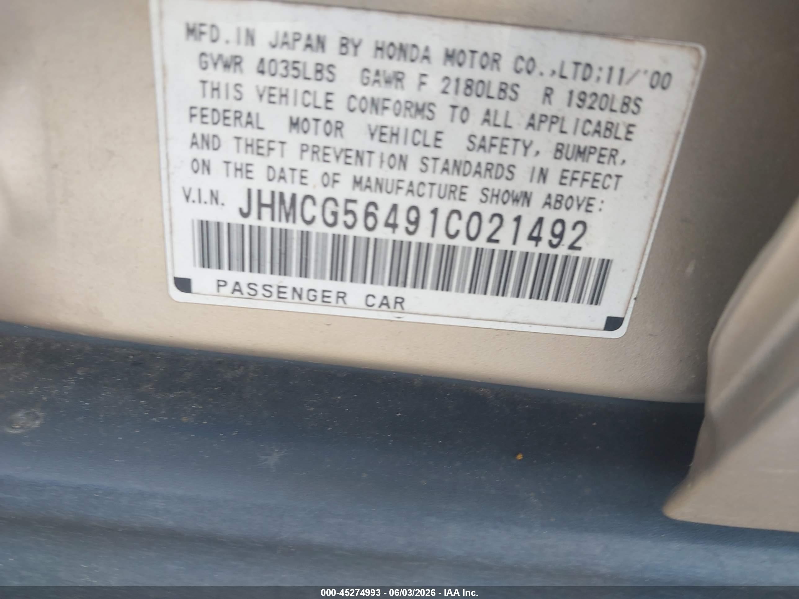 2001 Honda Accord 2.3 Lx Желто-коричневый vin: JHMCG56491C021492