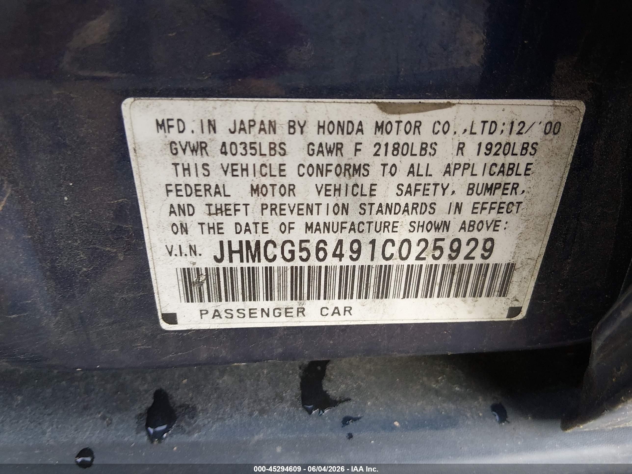 2001 Honda Accord 2.3 Lx Blue vin: JHMCG56491C025929